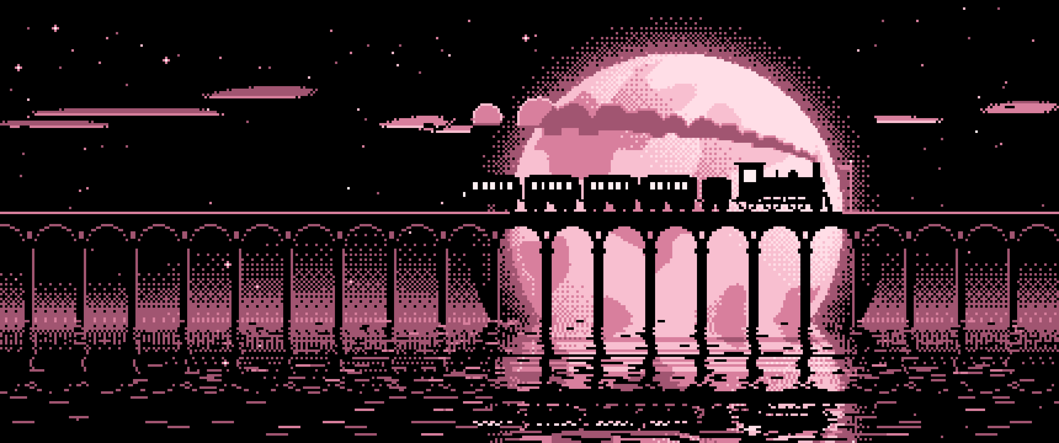 Light Pink Pixel Art Steam Train and Full Moon ultrawide wallpaper, 3440 × 1440