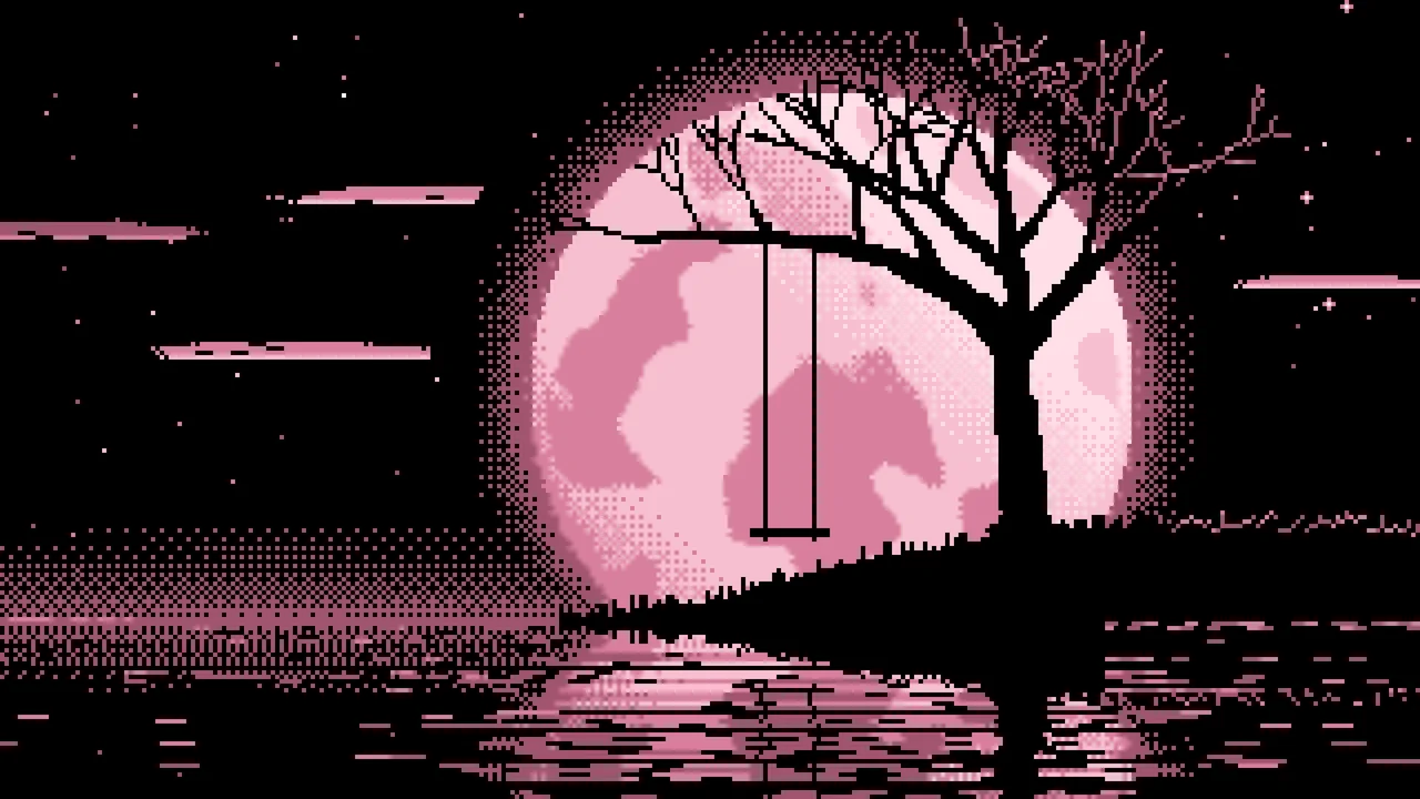 Light Pink Pixel Art Tree Swing and Full Moon desktop wallpaper in 4K
