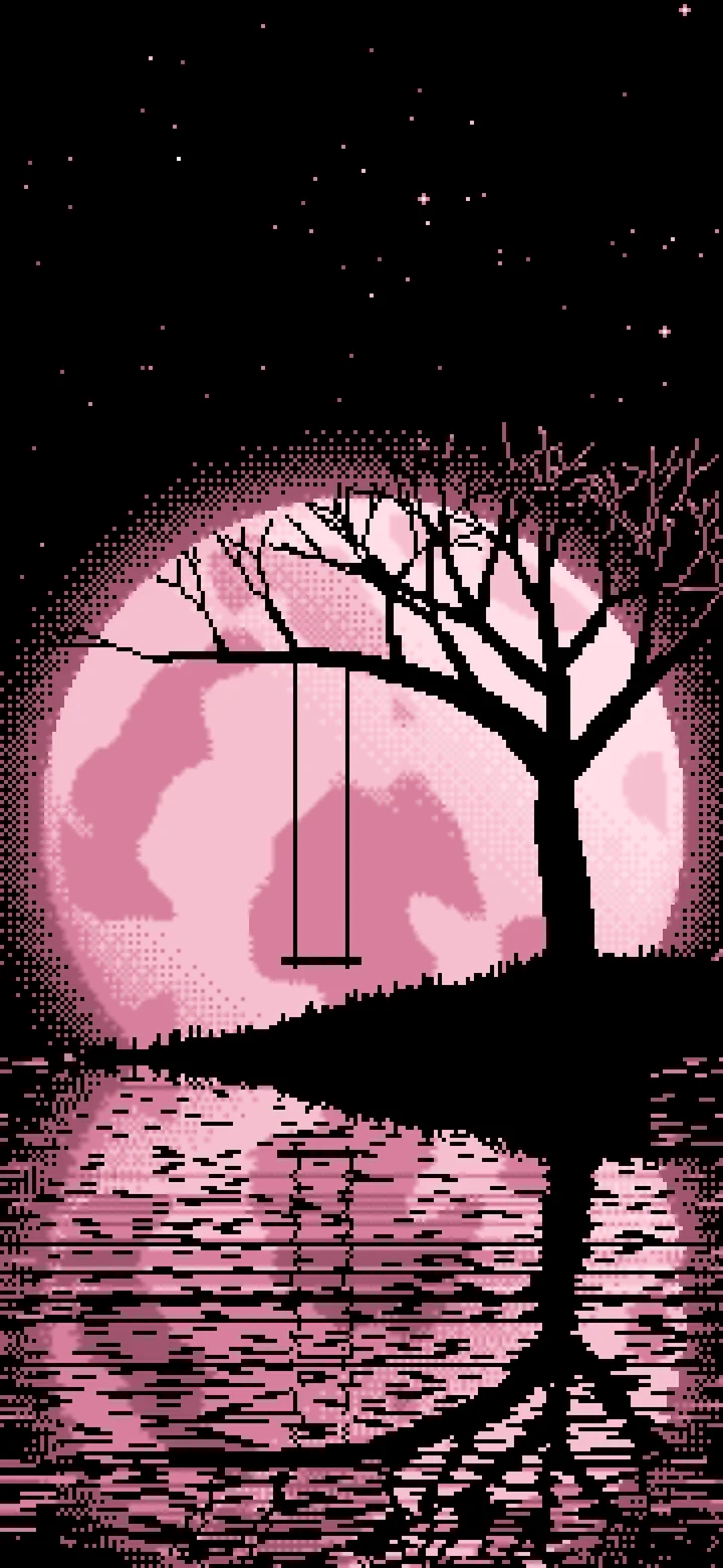 Light Pink Pixel Art Tree Swing and Full Moon wallpaper for iPhone and Android