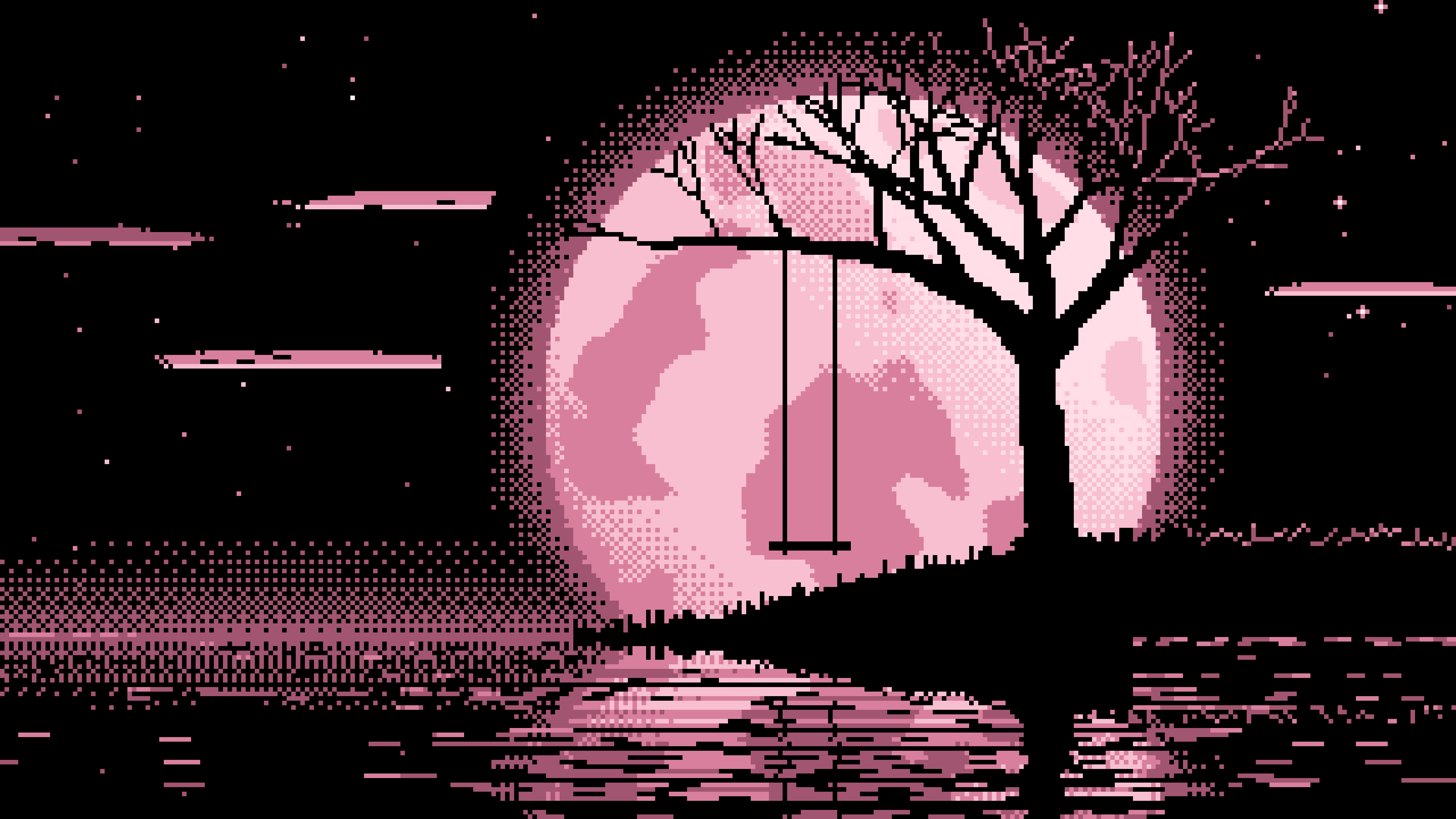 Light Pink Pixel Art Tree Swing and Full Moon desktop wallpaper in 4K