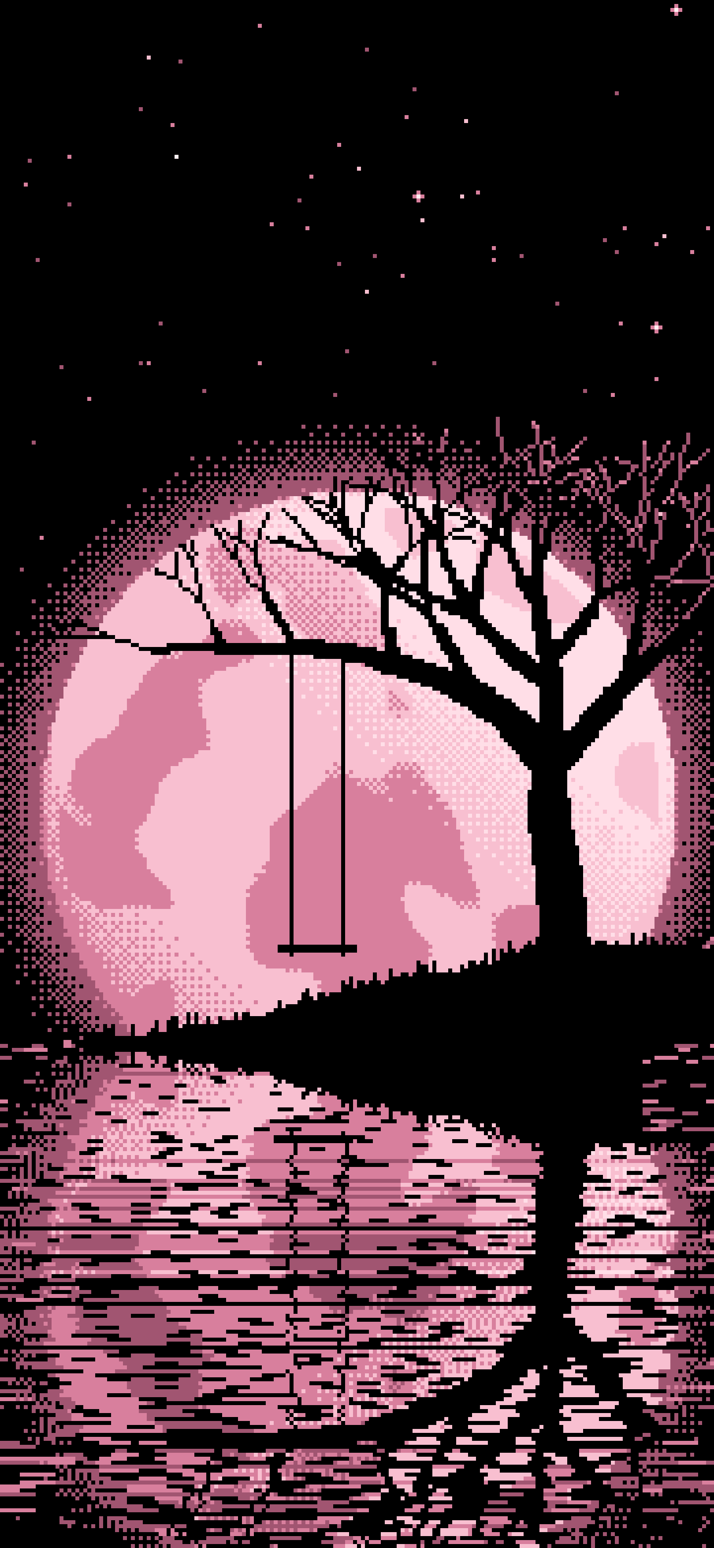Light Pink Pixel Art Tree Swing and Full Moon wallpaper for iPhone and Android