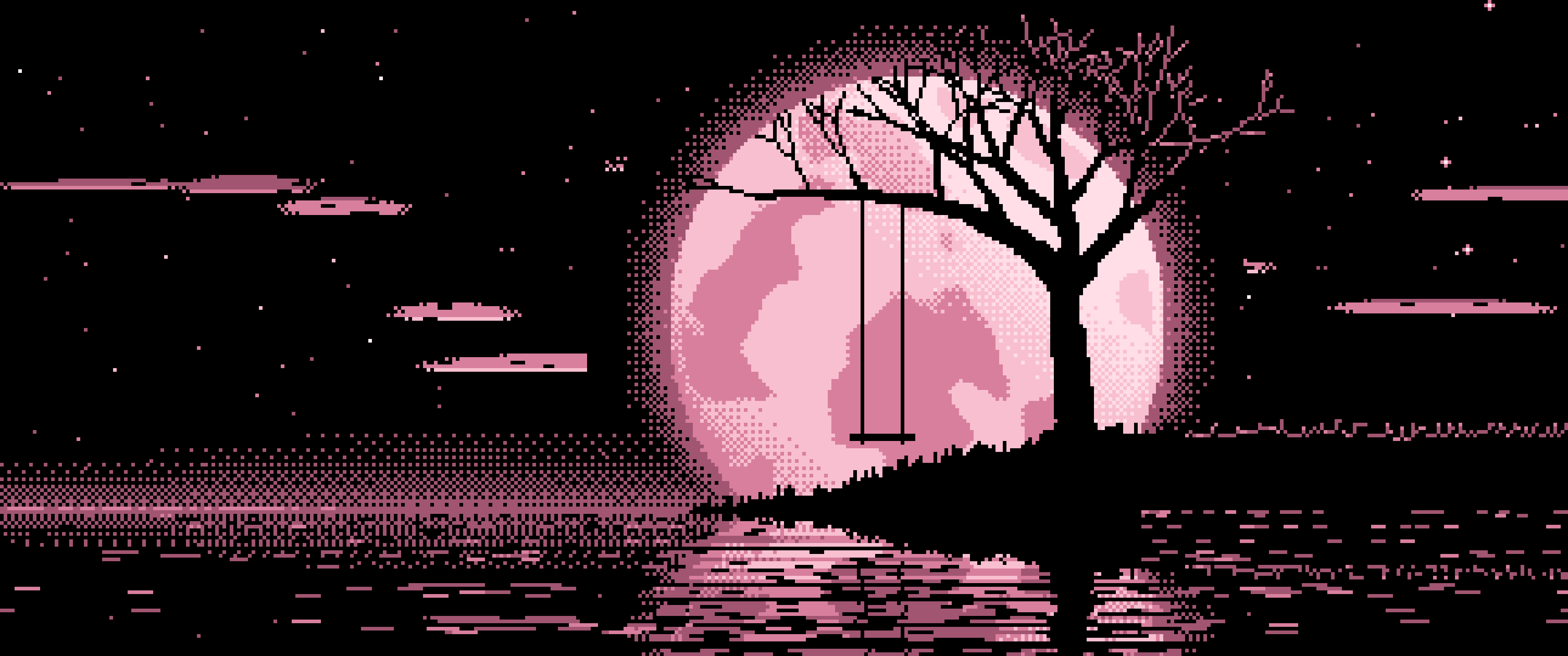 Light Pink Pixel Art Tree Swing and Full Moon ultrawide wallpaper, 3440 × 1440