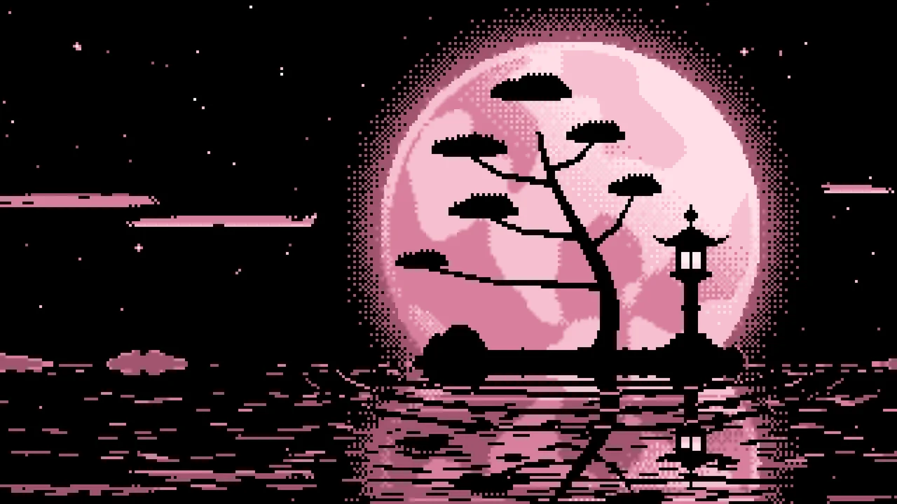 Light Pink Pixel Art Zen Stone Lantern and Full Moon desktop wallpaper in 4K