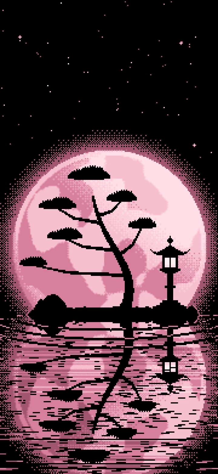 Light Pink Pixel Art Zen Stone Lantern and Full Moon wallpaper for iPhone and Android