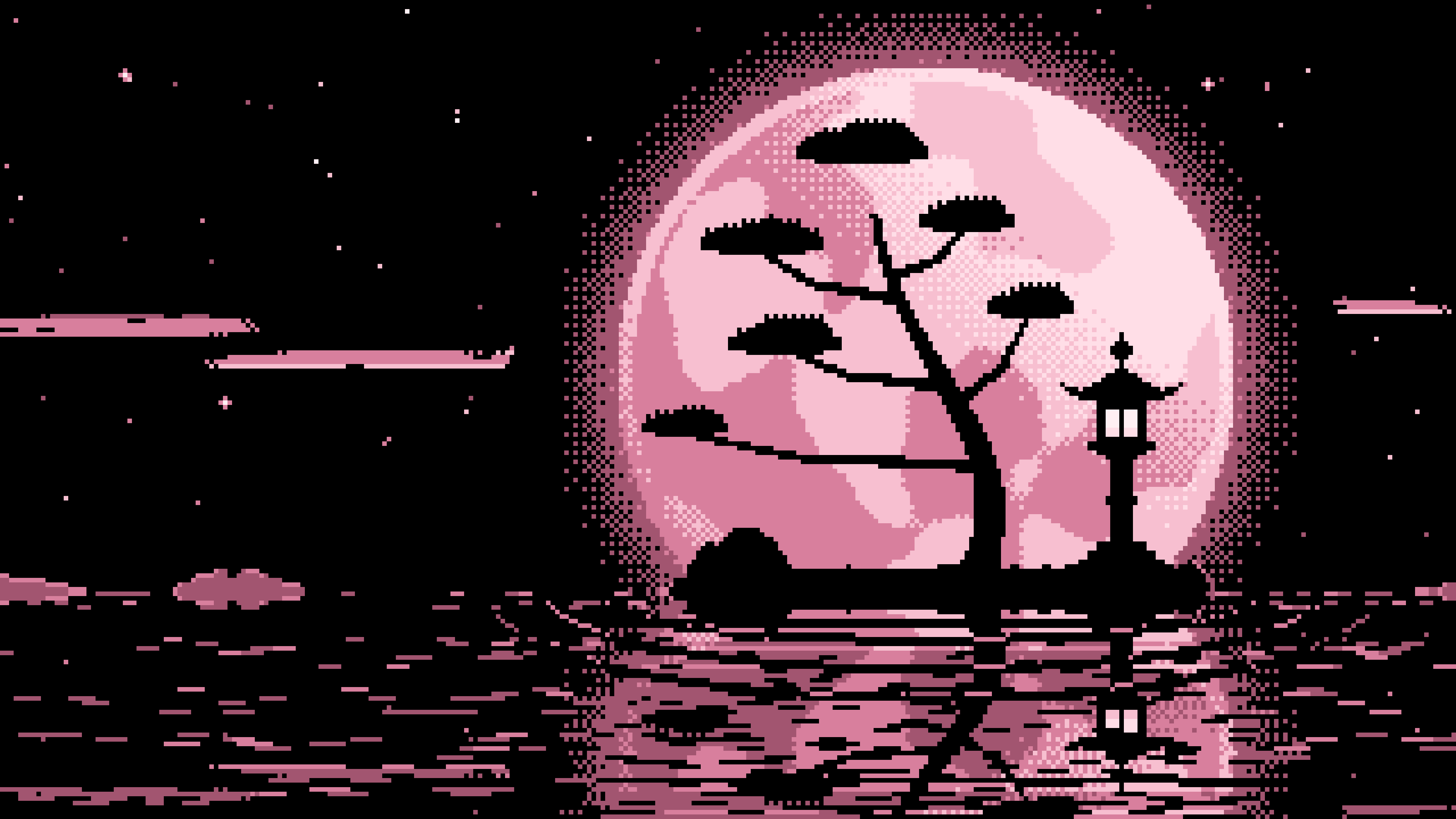 Light Pink Pixel Art Zen Stone Lantern and Full Moon desktop wallpaper in 4K