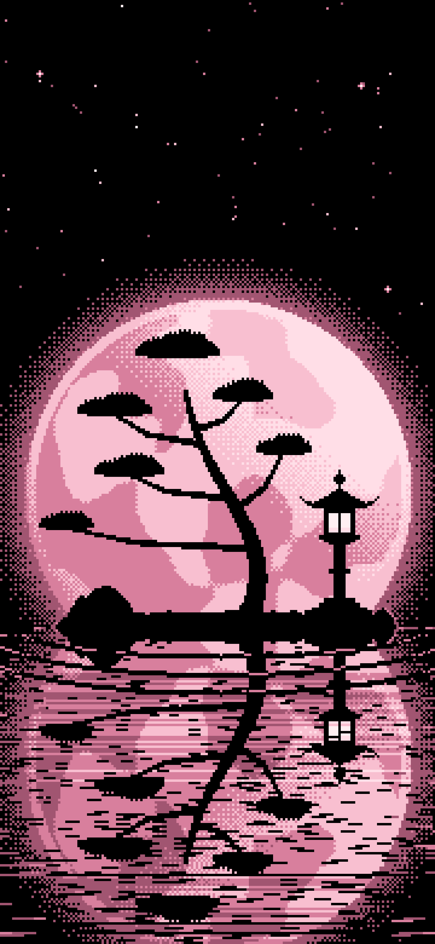 Light Pink Pixel Art Zen Stone Lantern and Full Moon wallpaper for iPhone and Android
