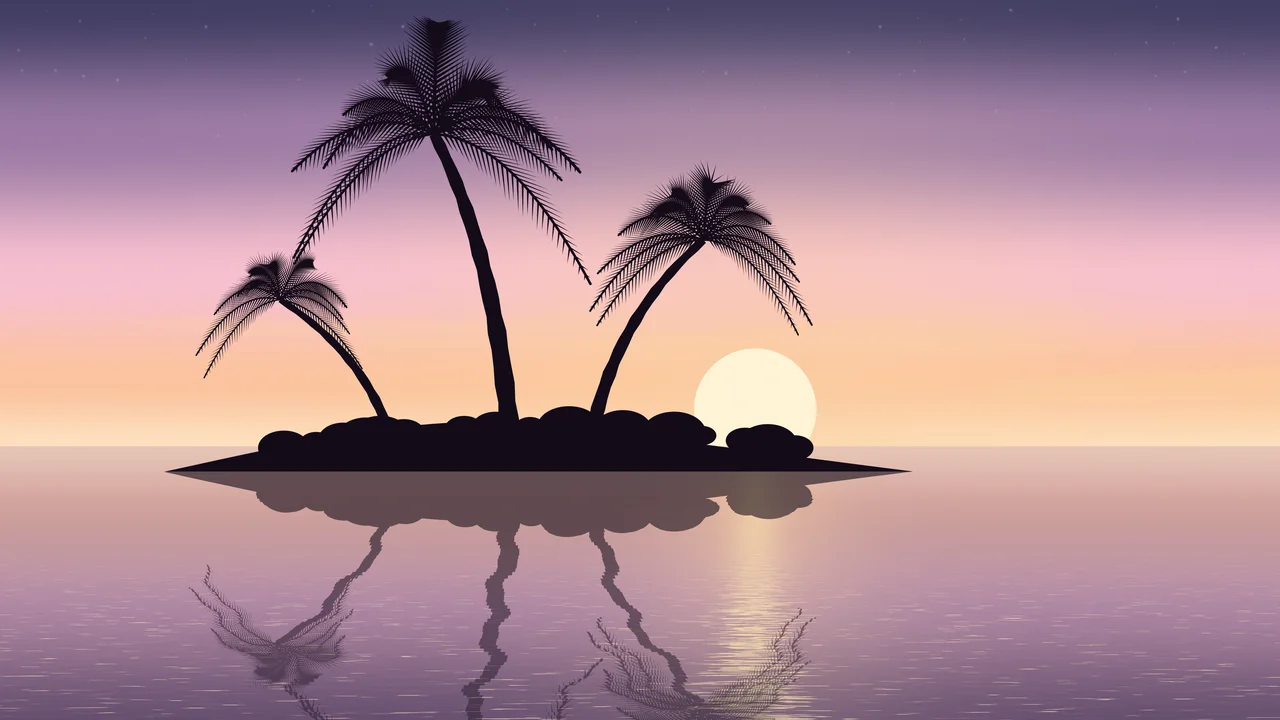Light Pink Tropical Island Sunset desktop wallpaper in 4K