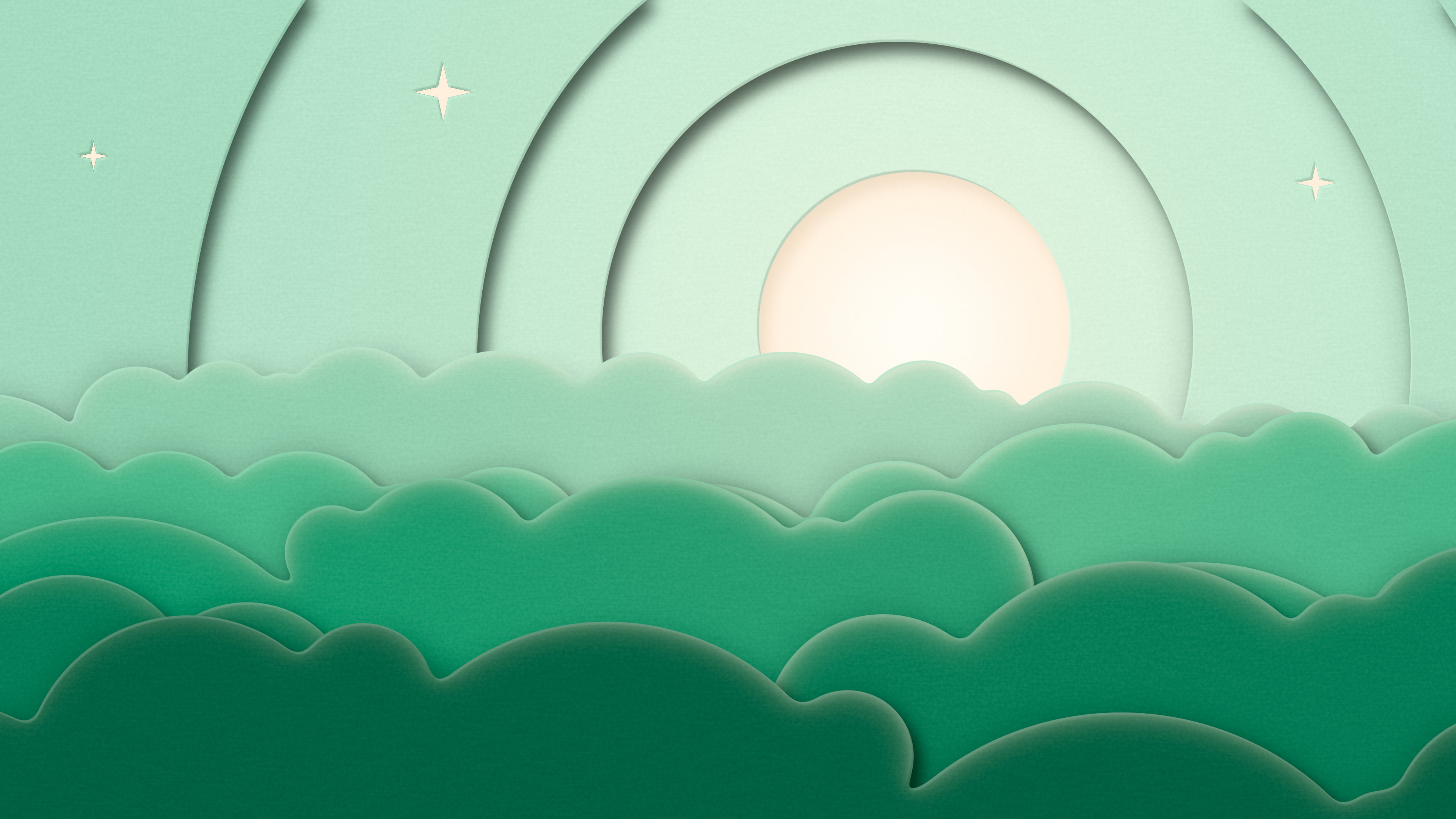 Mint 3D Paper Cut Moon and Clouds desktop wallpaper in 4K