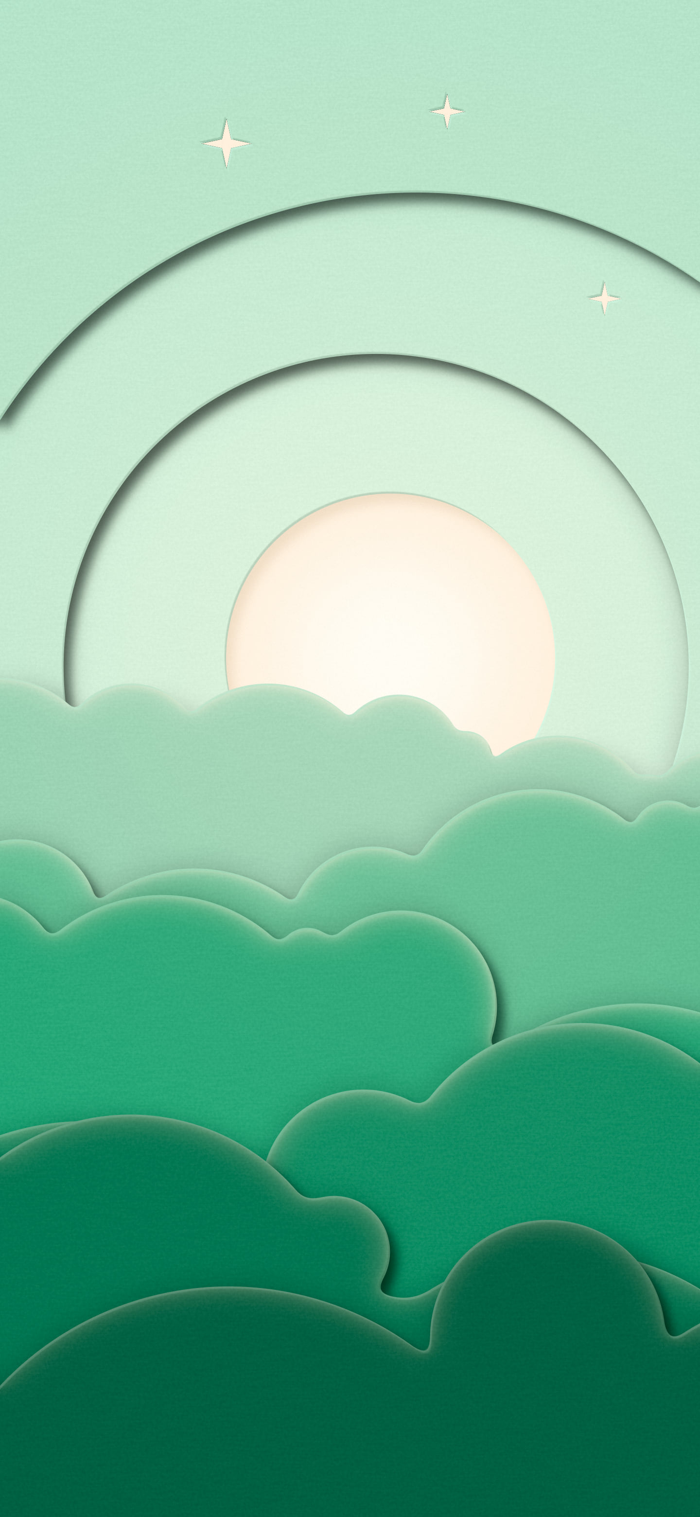Mint 3D Paper Cut Moon and Clouds wallpaper for iPhone and Android