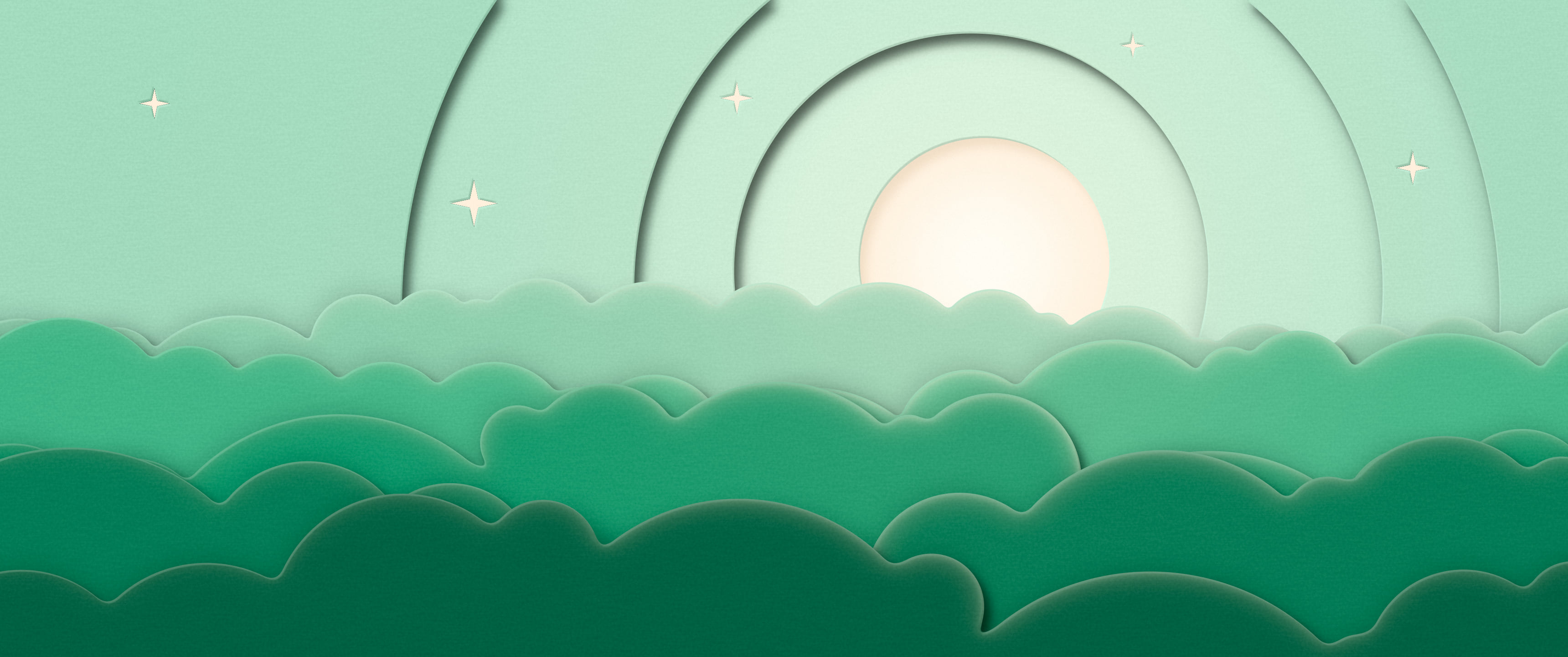 Mint 3D Paper Cut Moon and Clouds ultrawide wallpaper, 3440 × 1440