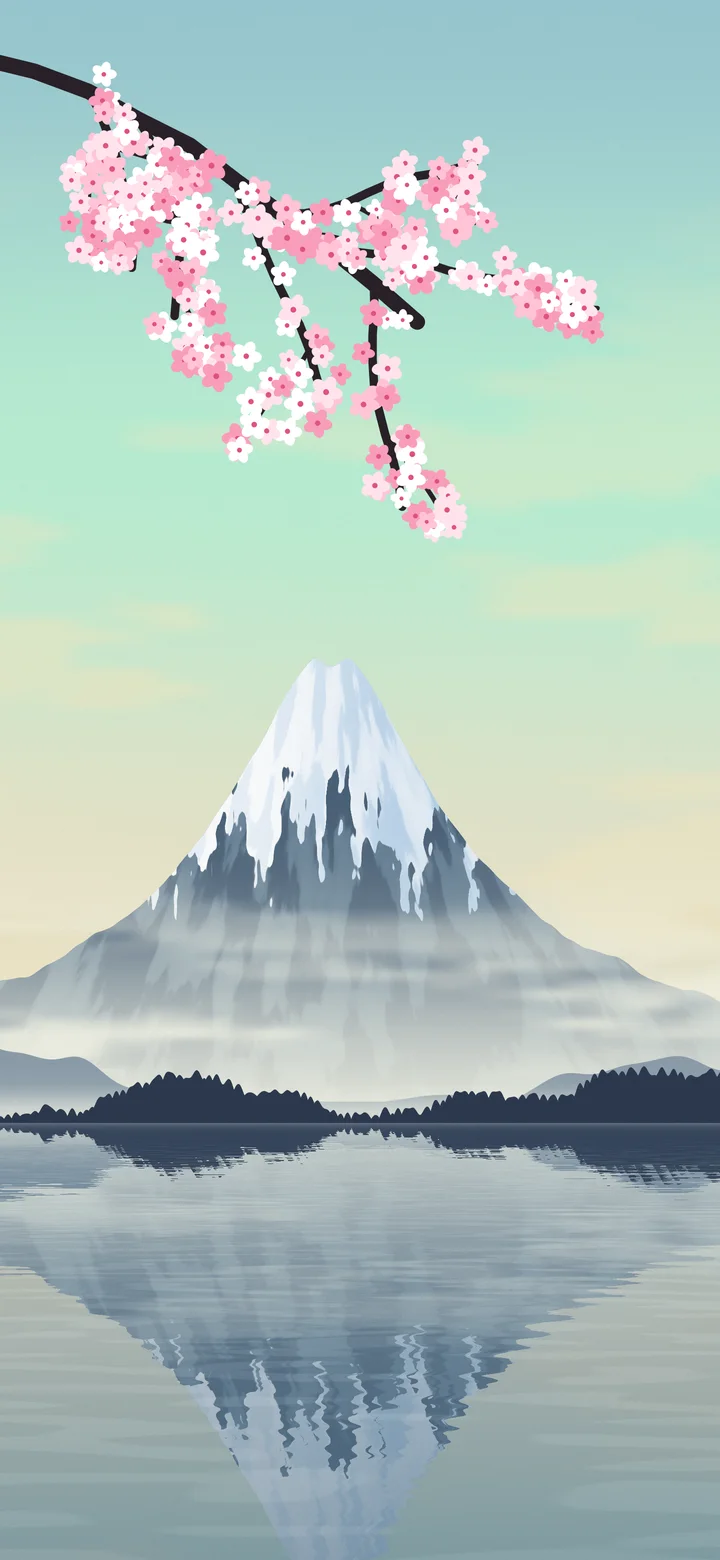 Mint Japanese Mountain and Cherry Blossom wallpaper for iPhone and Android