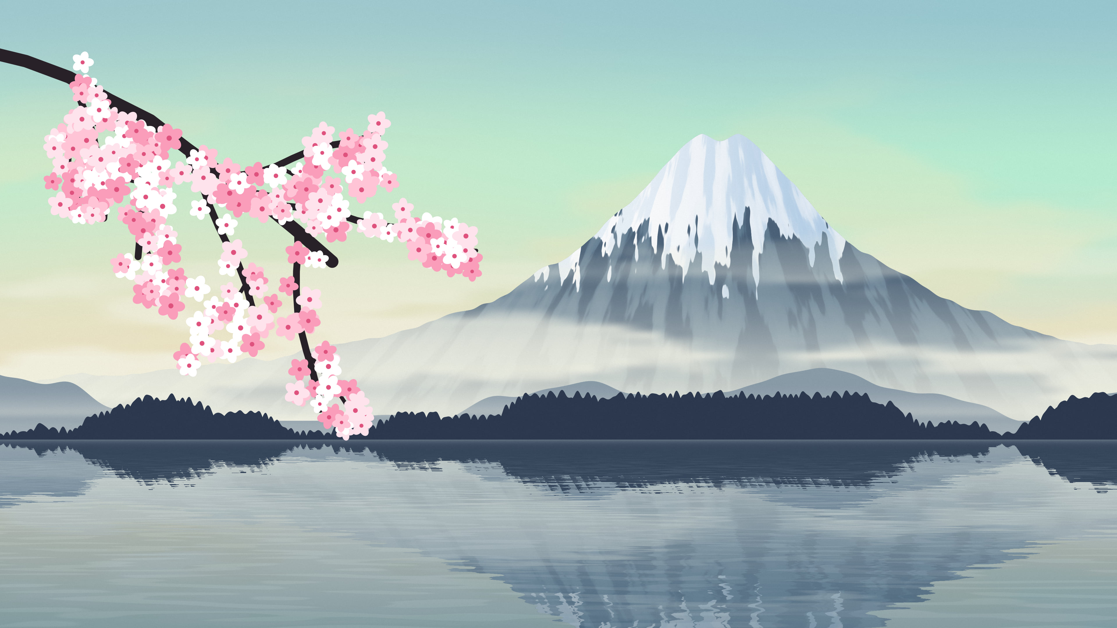 Mint Japanese Mountain and Cherry Blossom desktop wallpaper in 4K