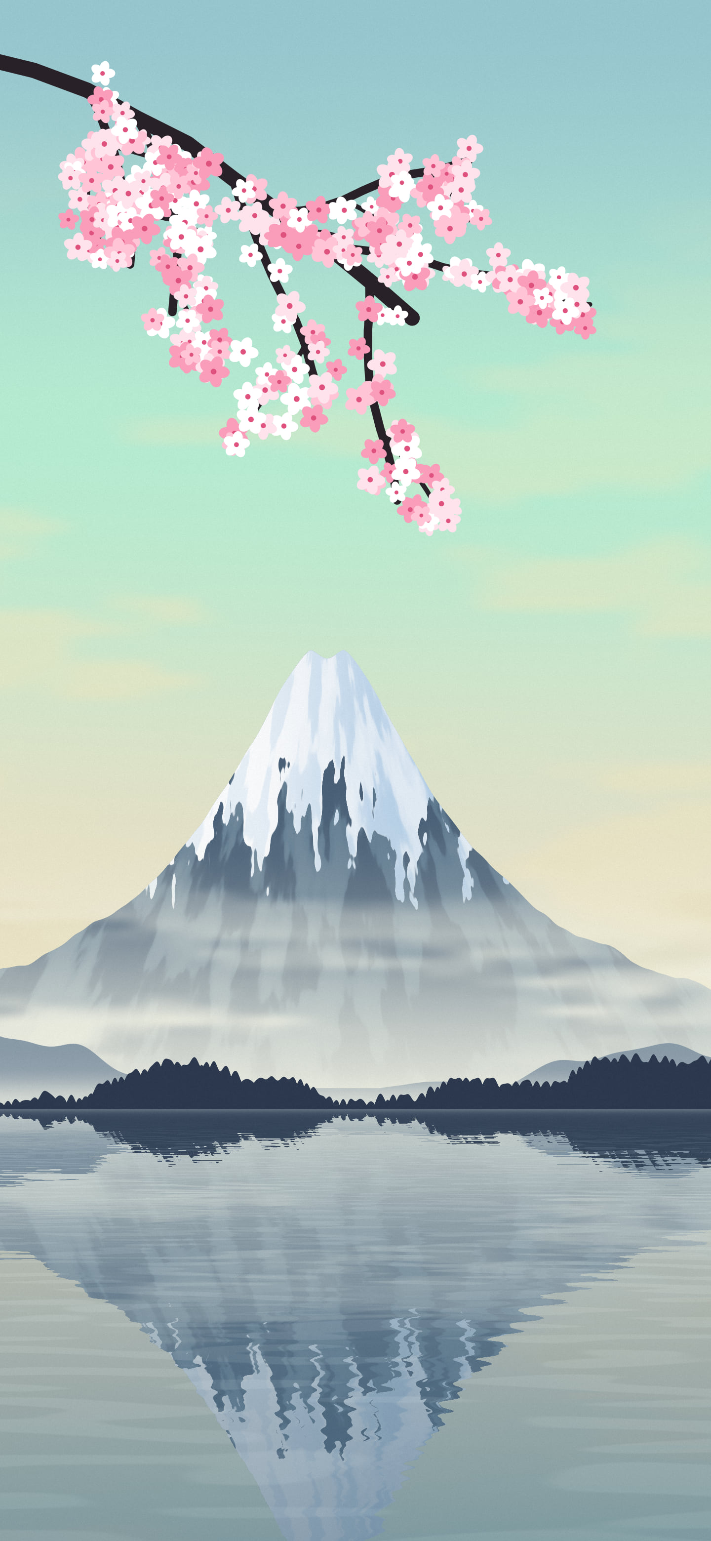 Mint Japanese Mountain and Cherry Blossom wallpaper for iPhone and Android