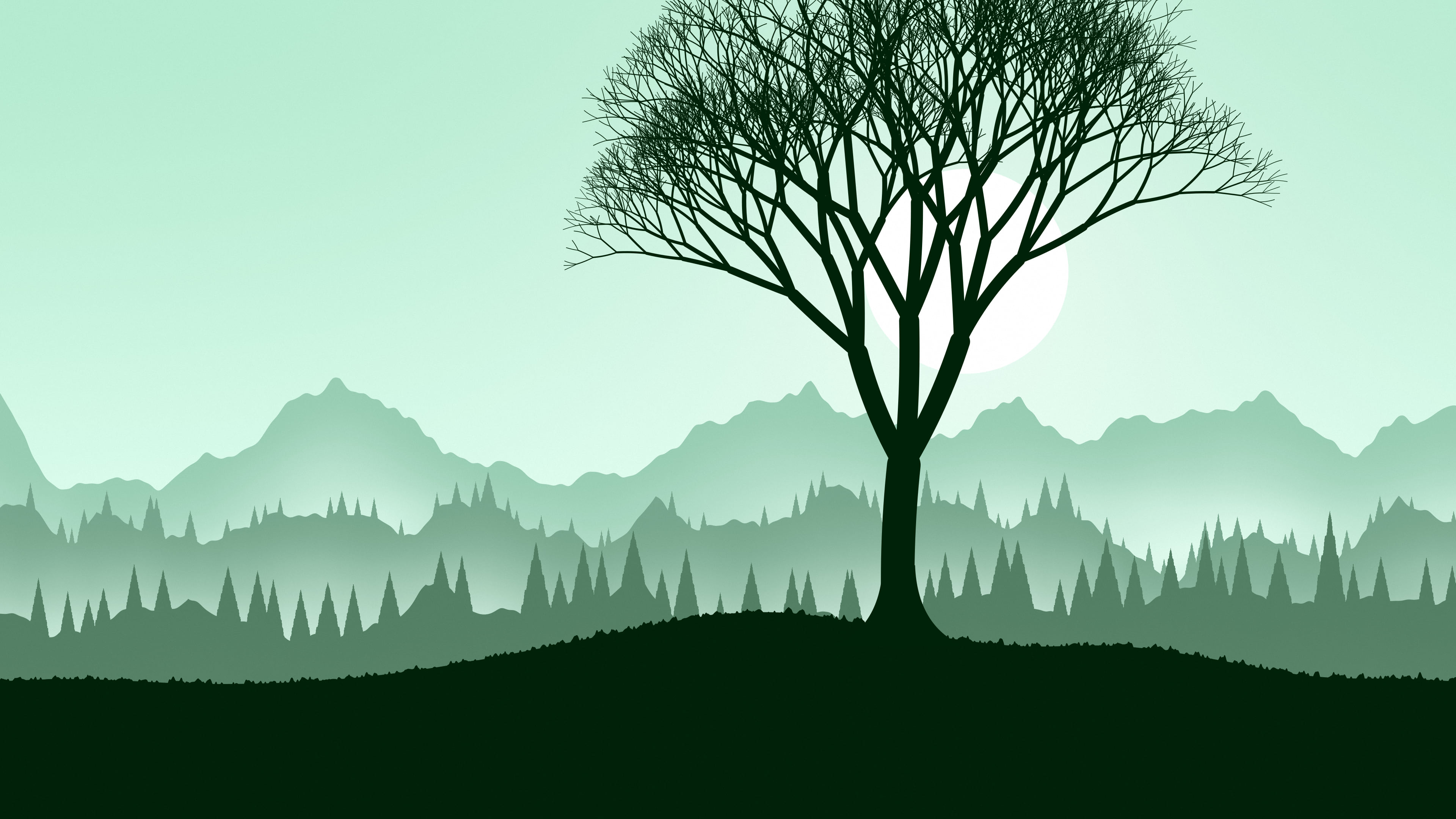 Mint Lone Tree in Fog desktop wallpaper in 4K