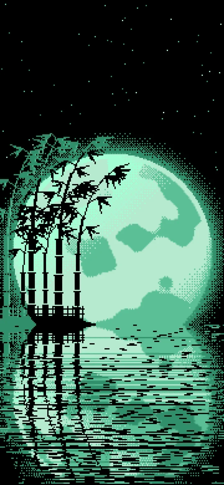 Mint Pixel Art Bamboo and Full Moon wallpaper for iPhone and Android
