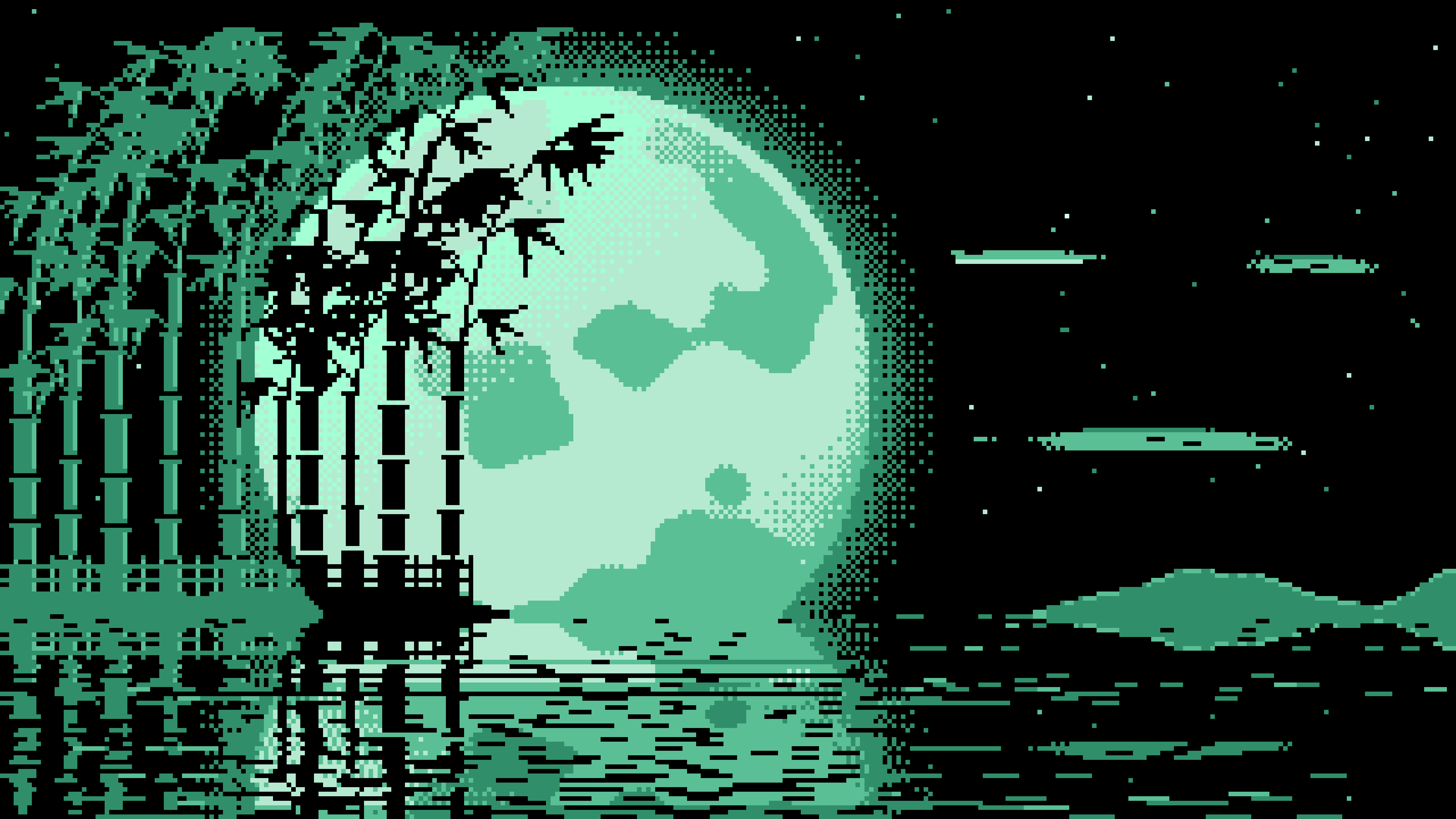 Mint Pixel Art Bamboo and Full Moon desktop wallpaper in 4K