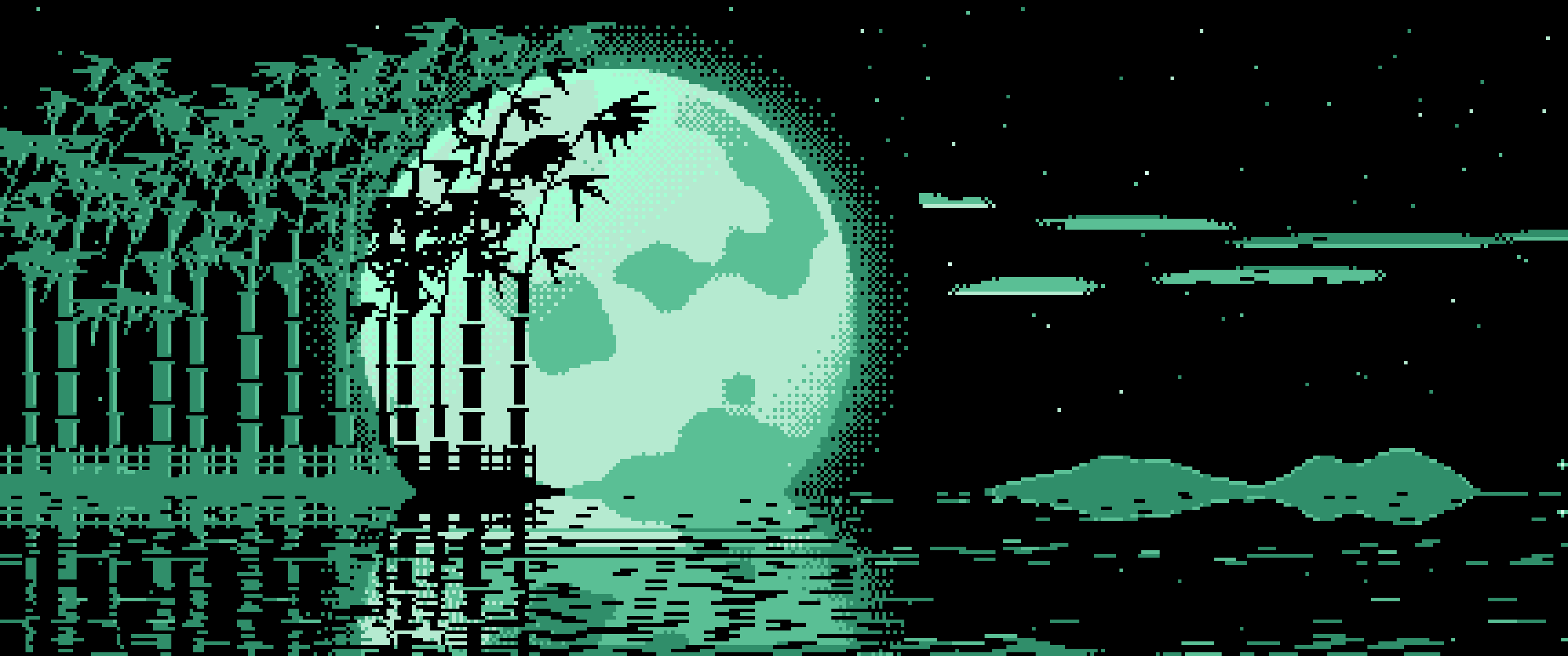 Mint Pixel Art Bamboo and Full Moon ultrawide wallpaper, 3440 × 1440