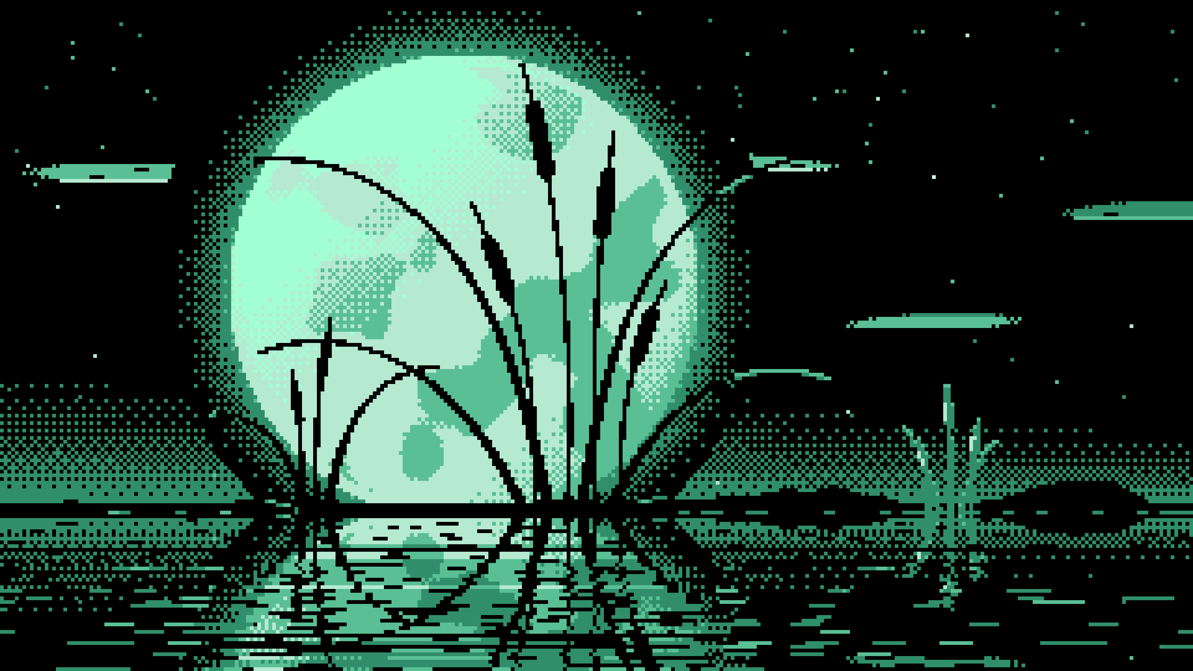 Mint Pixel Art Cattails and Full Moon desktop wallpaper in 4K