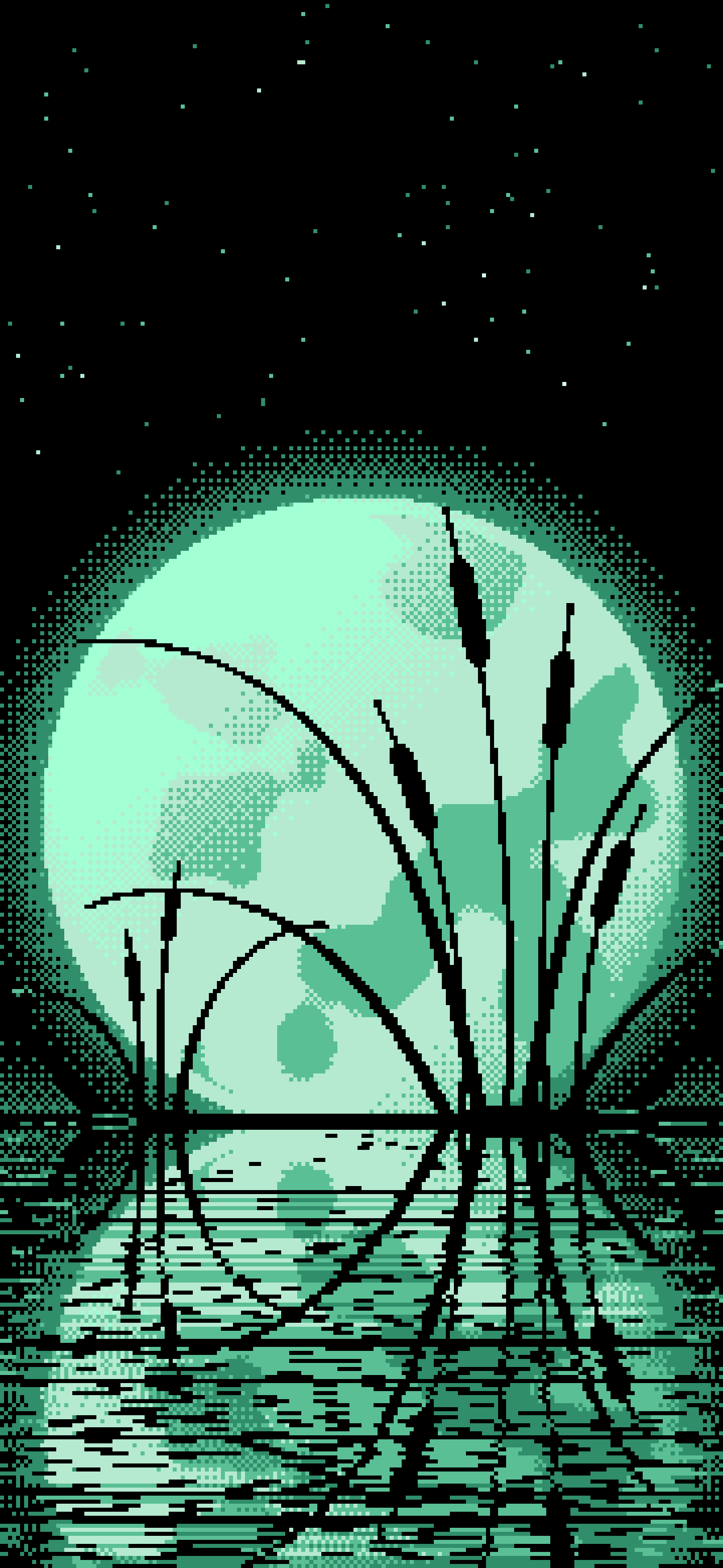 Mint Pixel Art Cattails and Full Moon wallpaper for iPhone and Android