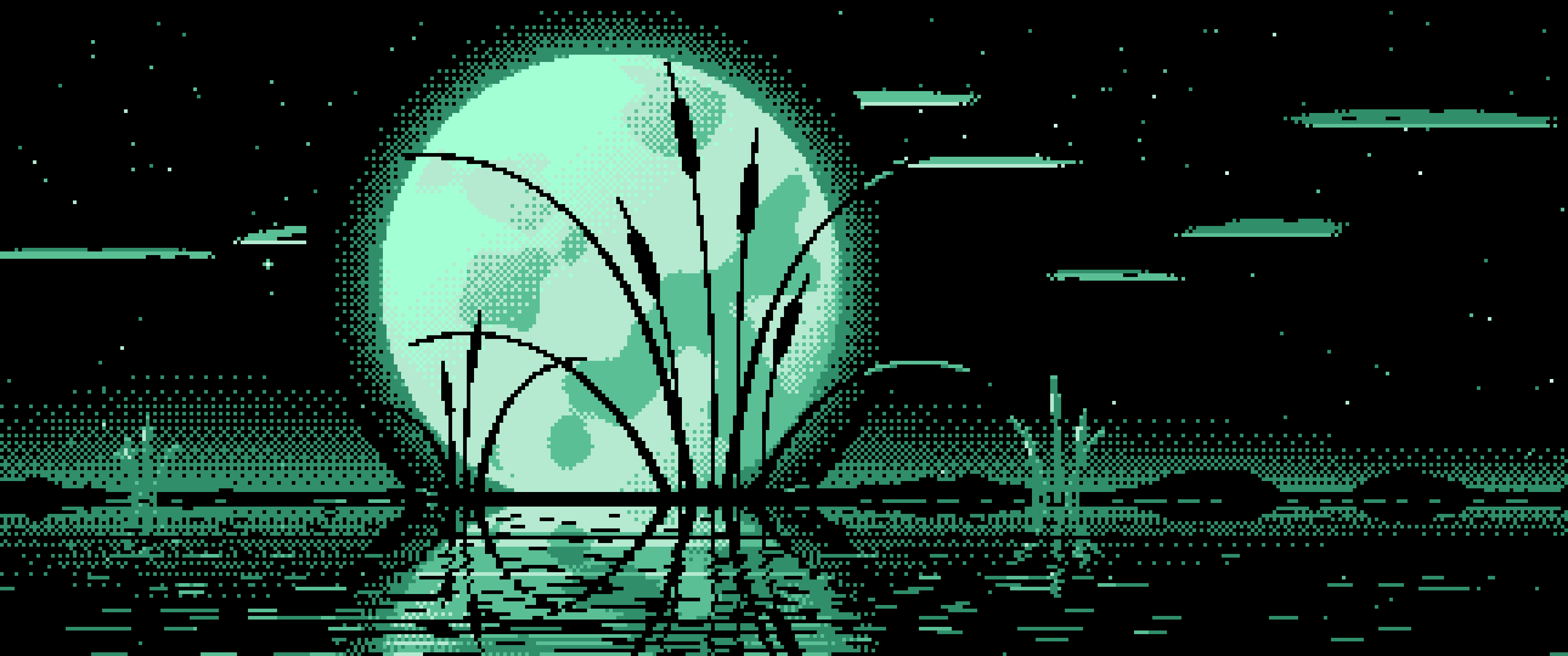 Mint Pixel Art Cattails and Full Moon ultrawide wallpaper, 3440 × 1440