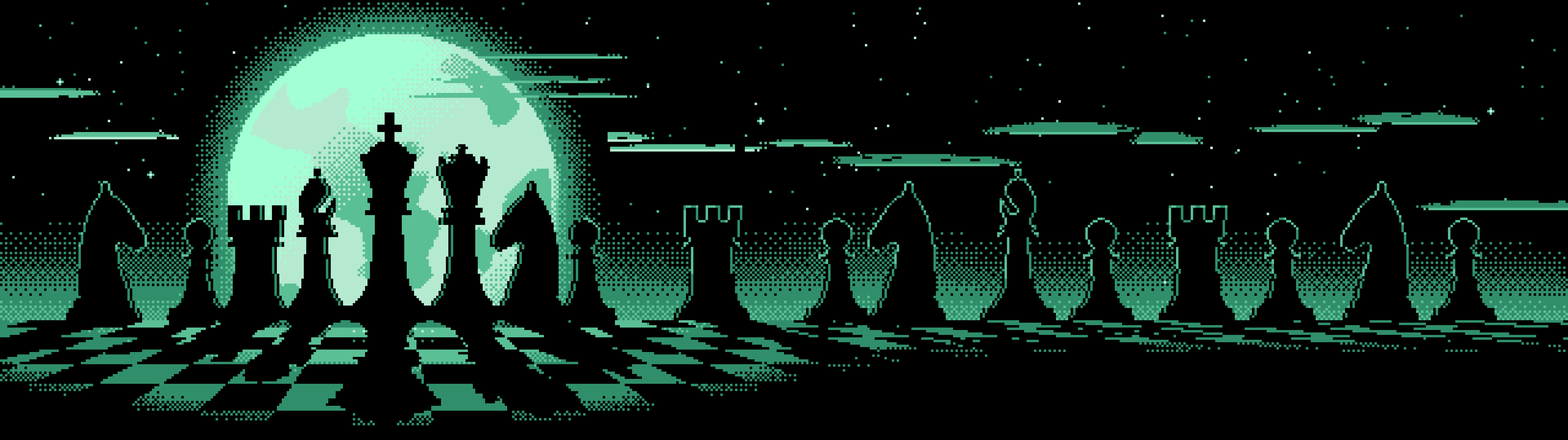 Mint Pixel Art Chess Pieces dual monitor wallpaper, 7680 × 2160