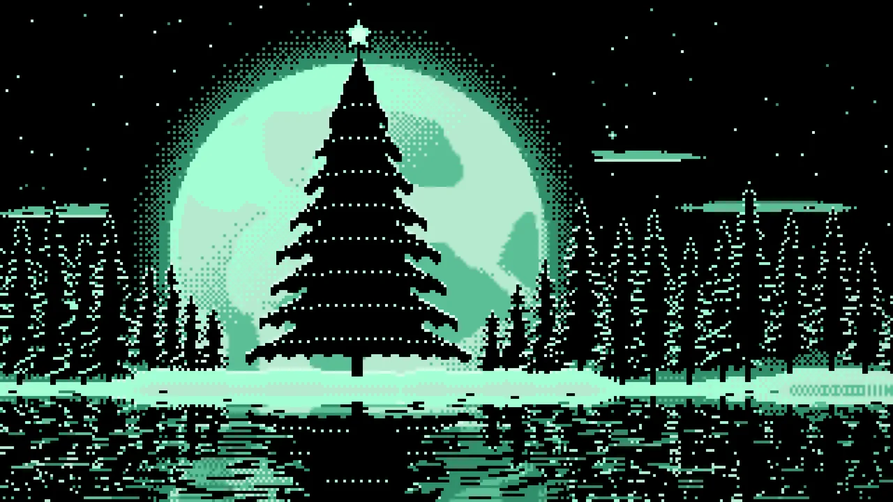Mint Pixel Art Christmas Tree and Full Moon desktop wallpaper in 4K