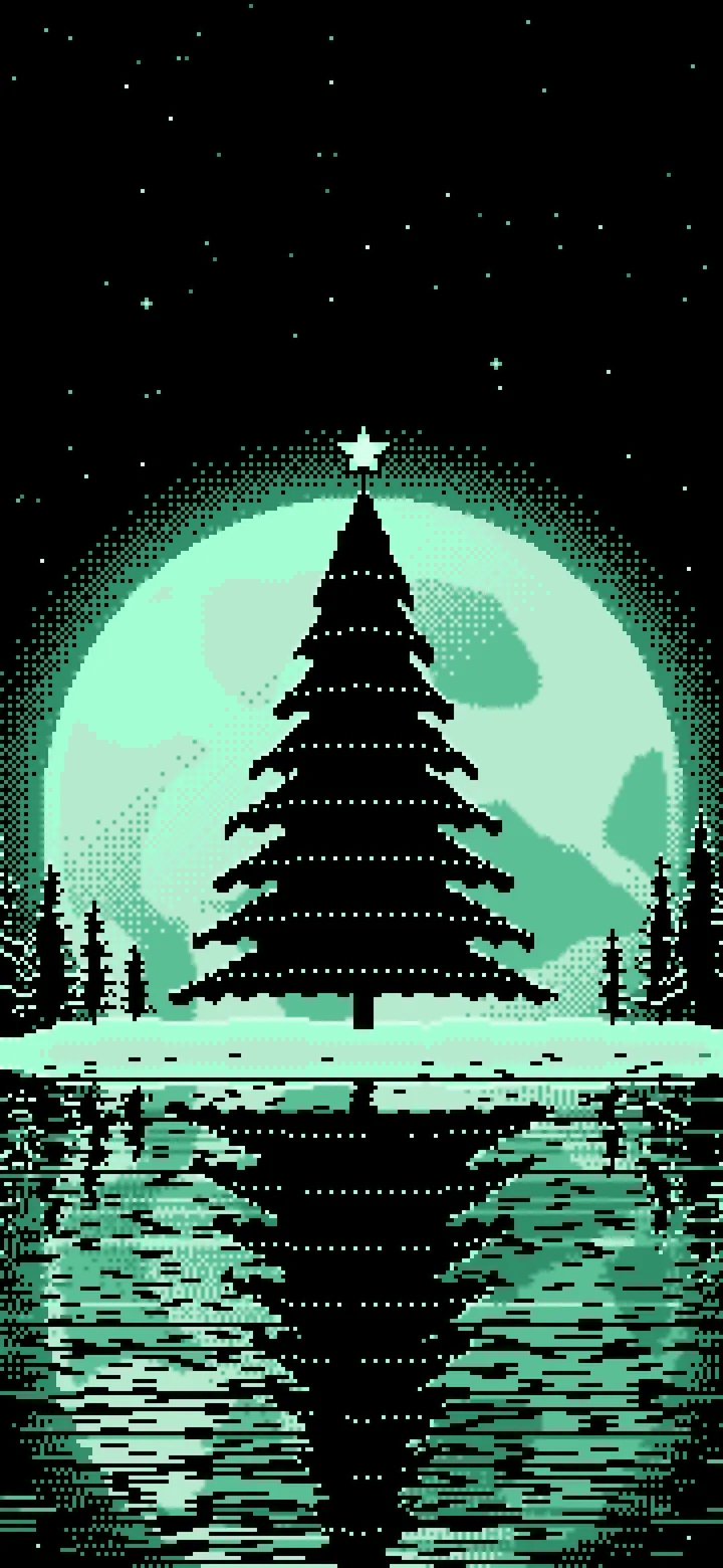 Mint Pixel Art Christmas Tree and Full Moon wallpaper for iPhone and Android