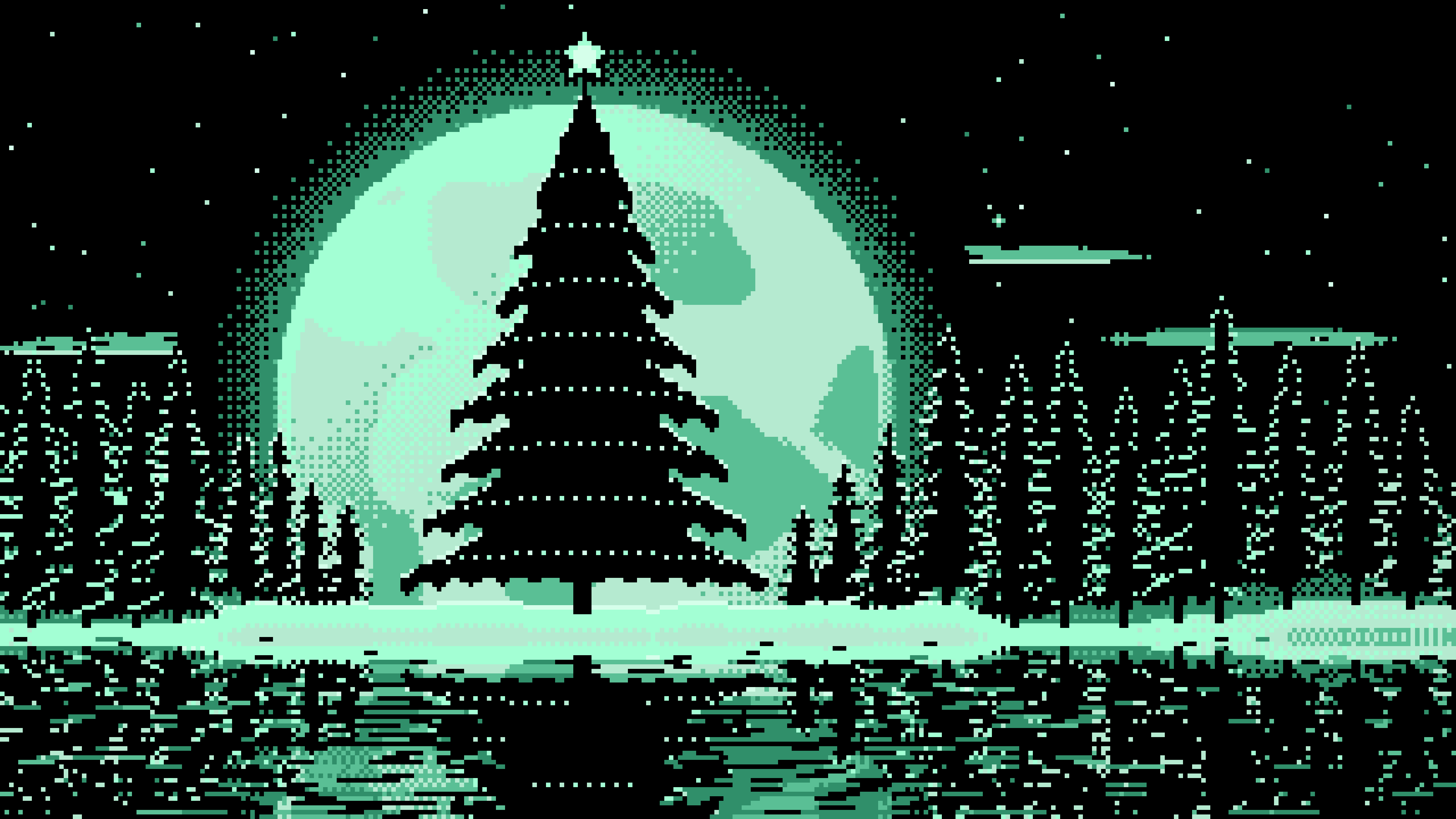 Mint Pixel Art Christmas Tree and Full Moon desktop wallpaper in 4K