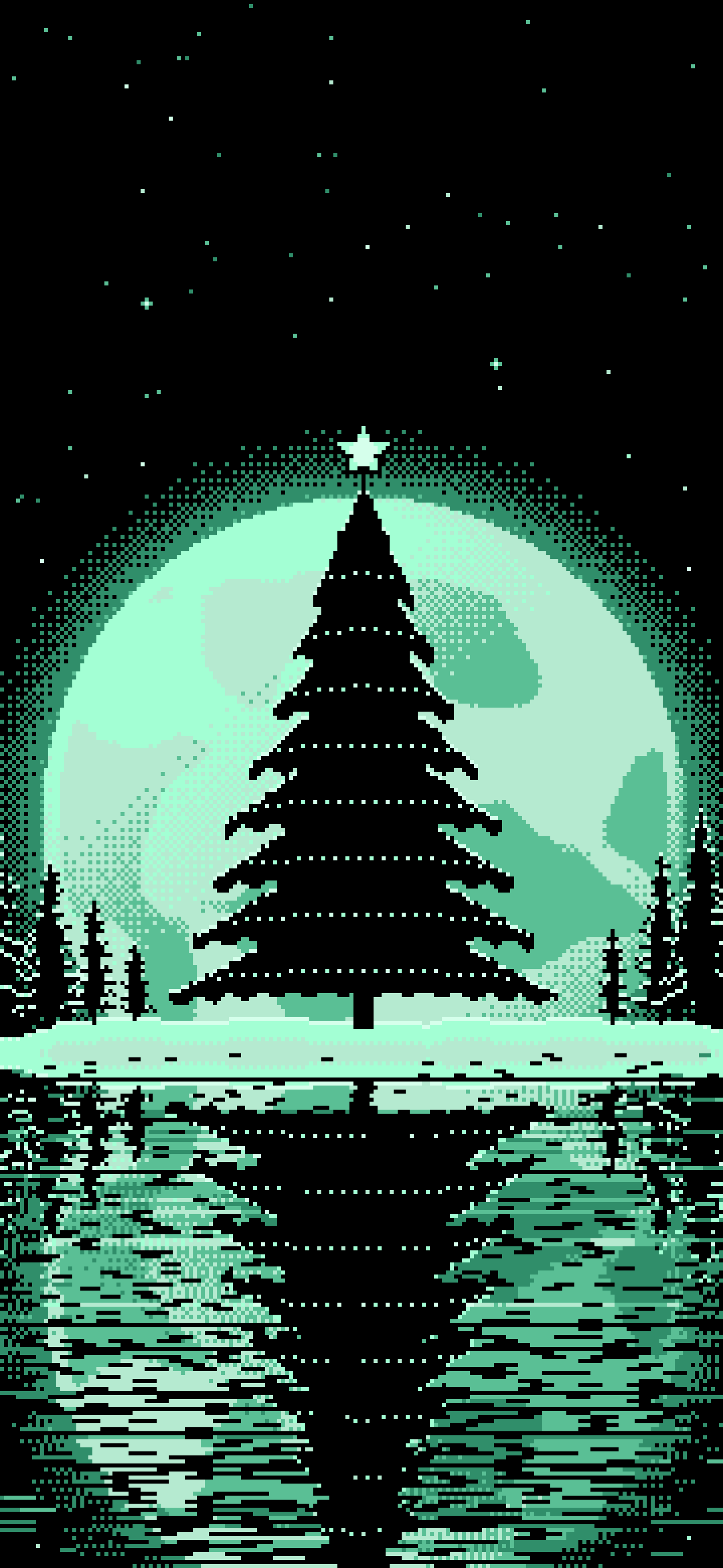 Mint Pixel Art Christmas Tree and Full Moon wallpaper for iPhone and Android