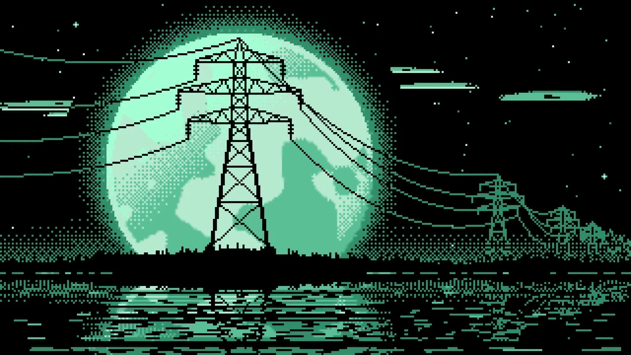 Mint Pixel Art Electricity Pylon and Full Moon desktop wallpaper in 4K