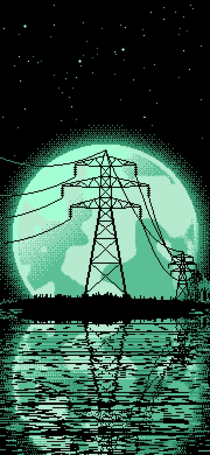 Mint Pixel Art Electricity Pylon and Full Moon wallpaper for iPhone and Android