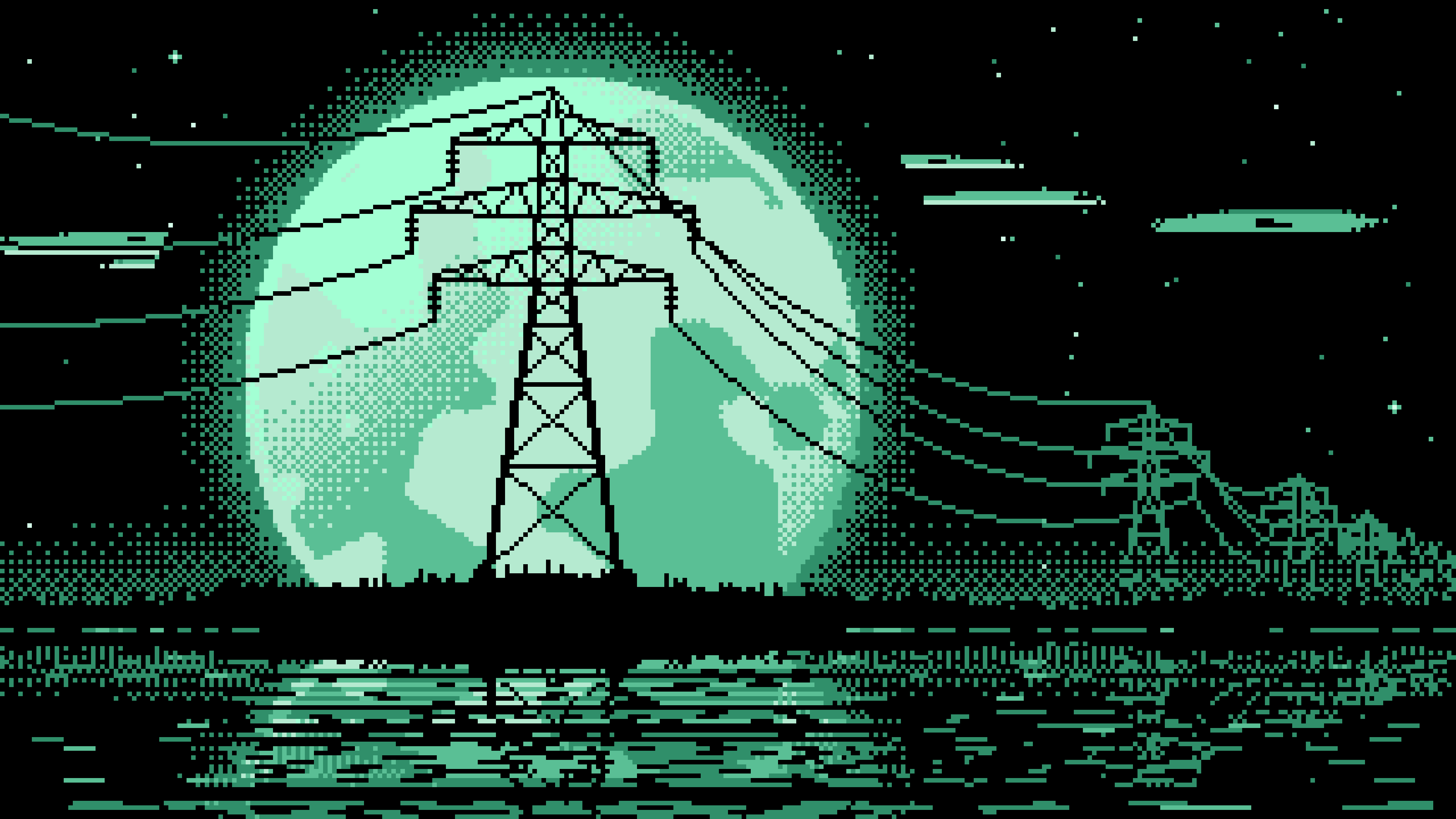 Mint Pixel Art Electricity Pylon and Full Moon desktop wallpaper in 4K