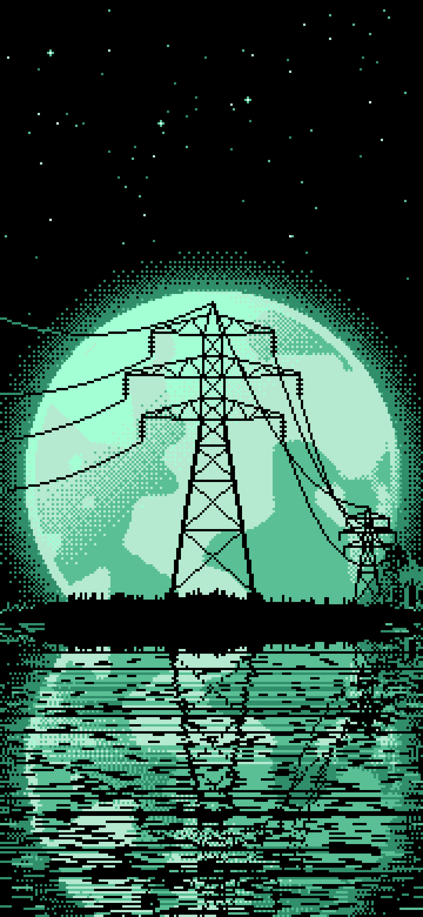 Mint Pixel Art Electricity Pylon and Full Moon wallpaper for iPhone and Android
