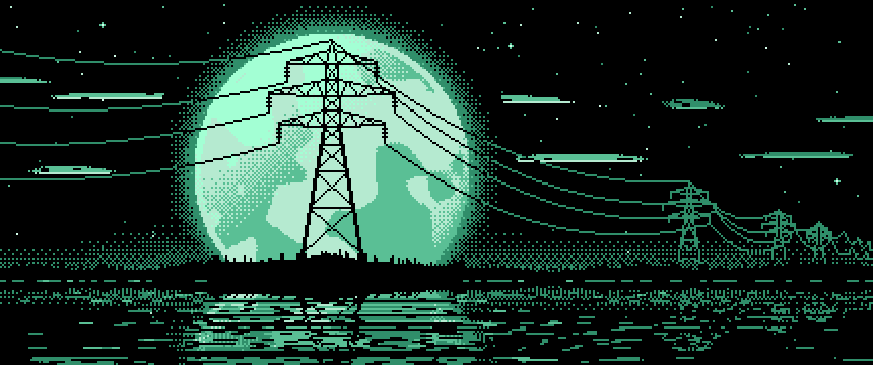 Mint Pixel Art Electricity Pylon and Full Moon ultrawide wallpaper, 3440 × 1440