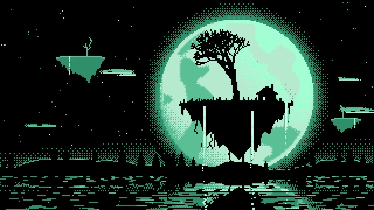 Mint Pixel Art Fantasy Floating Island and Full Moon desktop wallpaper in 4K