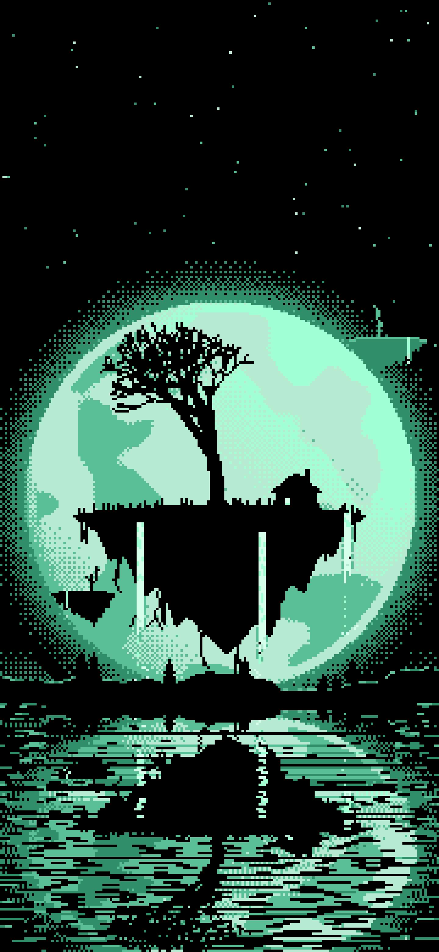 Mint Pixel Art Fantasy Floating Island and Full Moon wallpaper for iPhone and Android