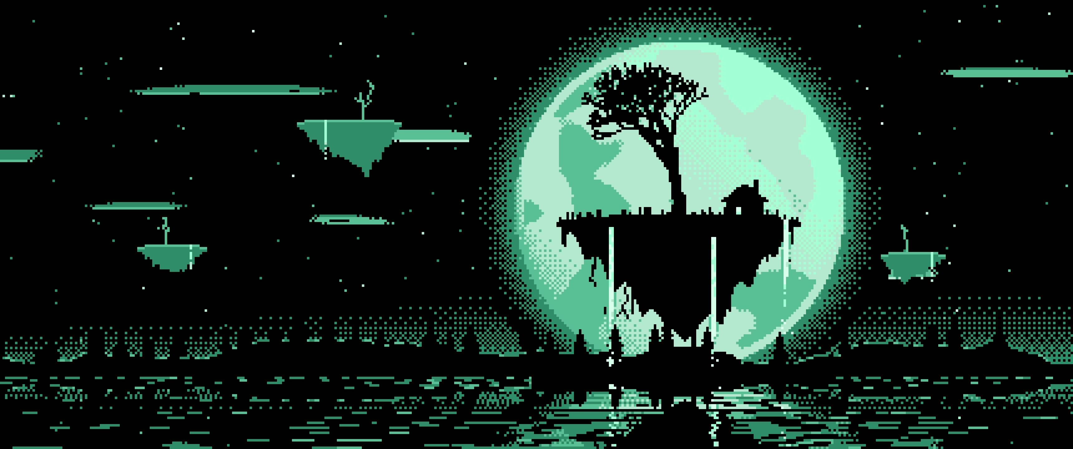Mint Pixel Art Fantasy Floating Island and Full Moon ultrawide wallpaper, 3440 × 1440