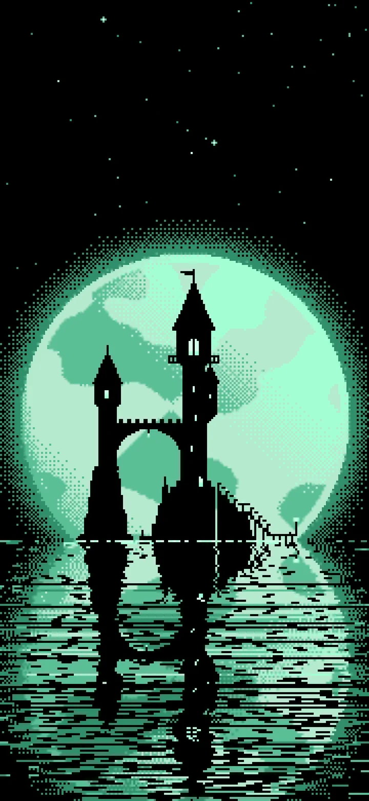 Mint Pixel Art Fantasy Wizard Tower and Full Moon wallpaper for iPhone and Android