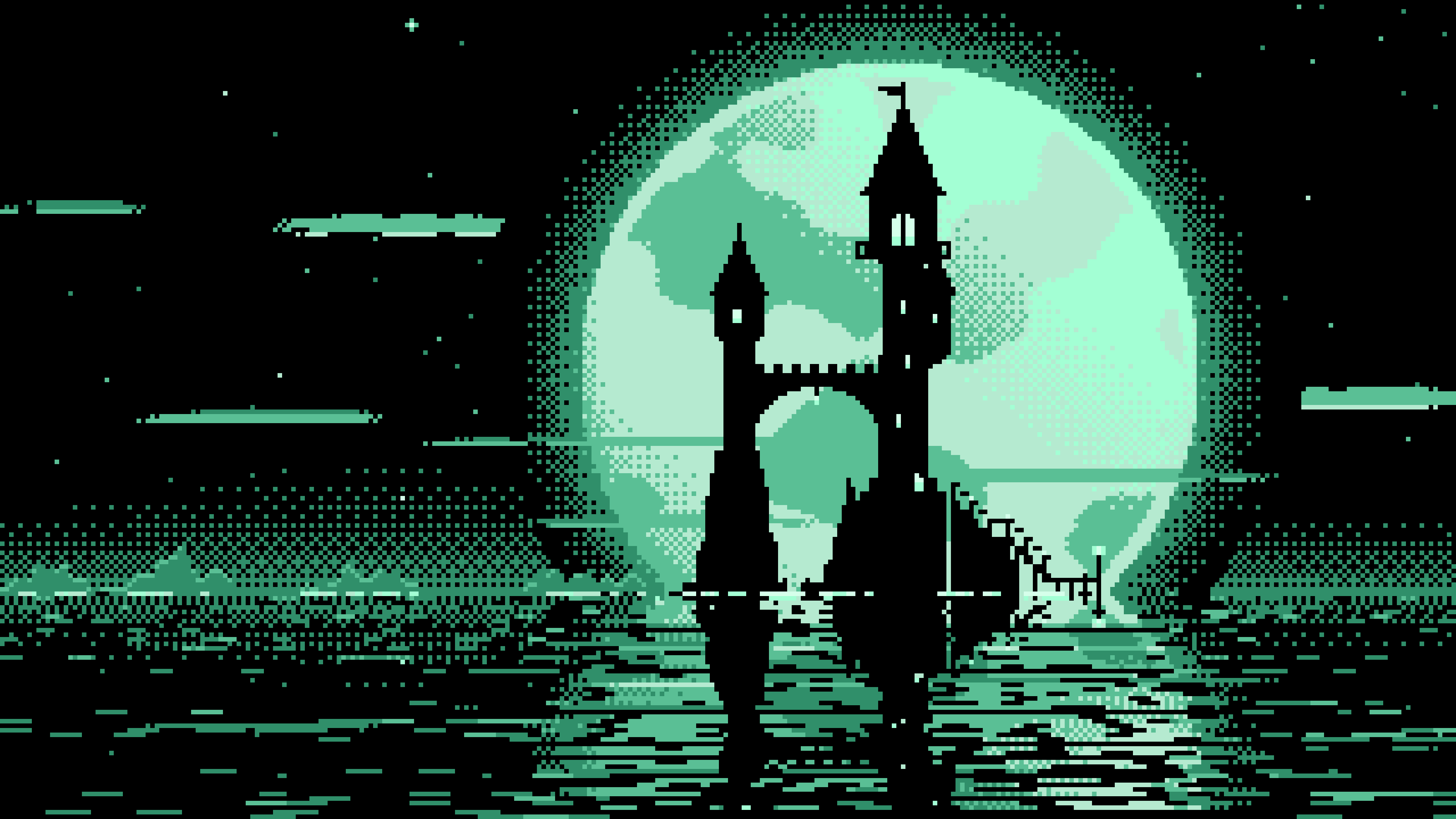 Mint Pixel Art Fantasy Wizard Tower and Full Moon desktop wallpaper in 4K