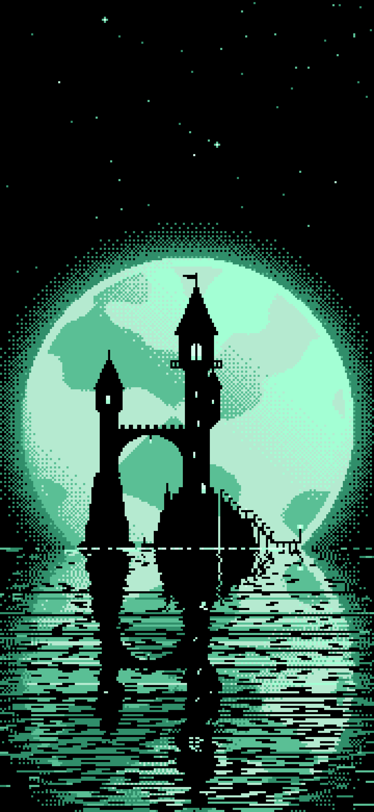 Mint Pixel Art Fantasy Wizard Tower and Full Moon wallpaper for iPhone and Android