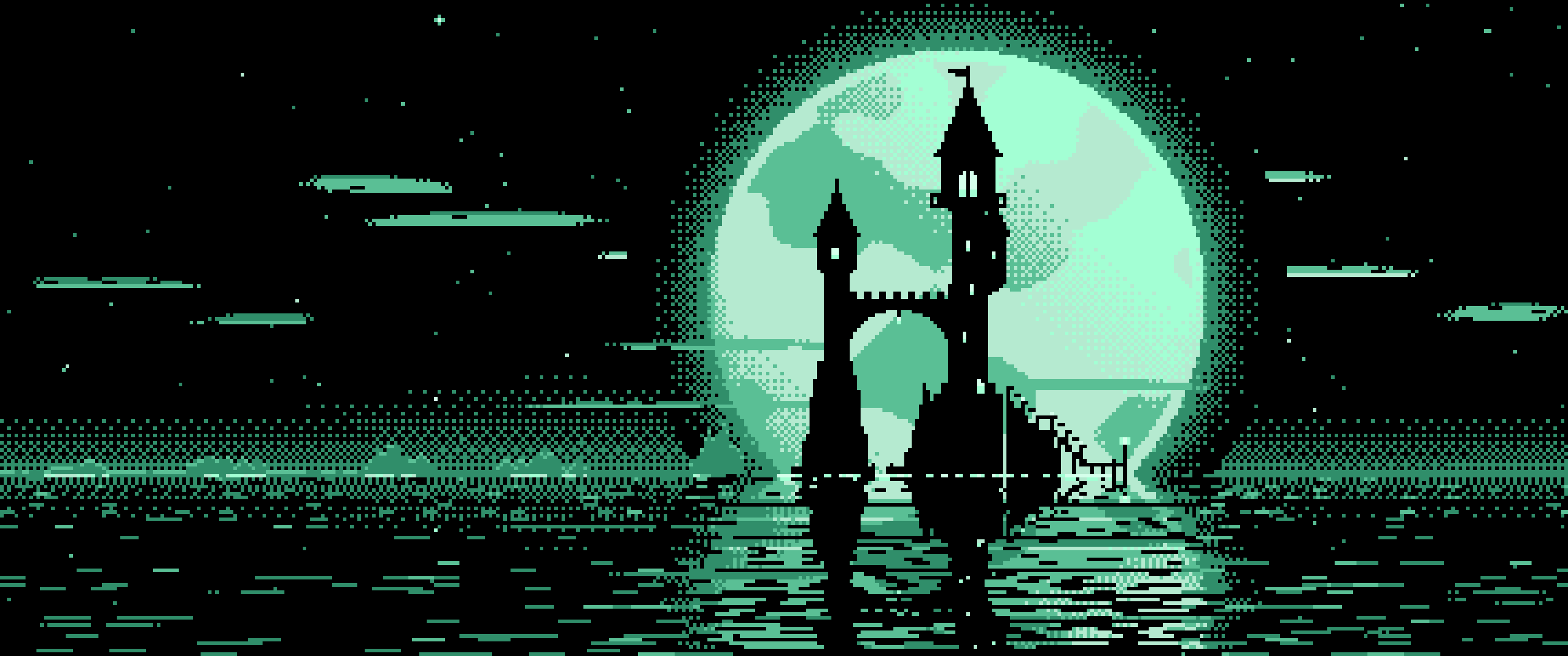 Mint Pixel Art Fantasy Wizard Tower and Full Moon ultrawide wallpaper, 3440 × 1440