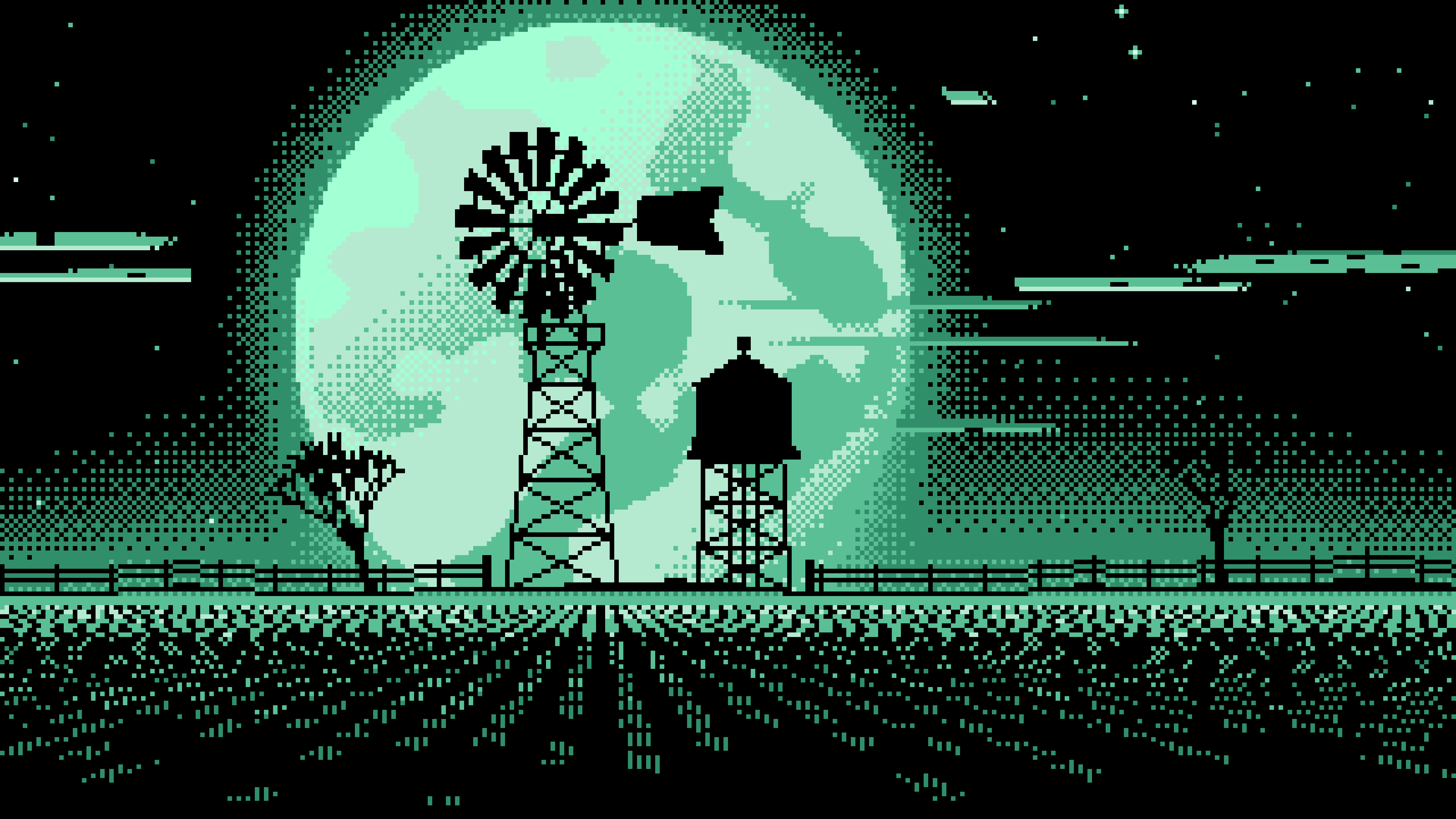 Mint Pixel Art Farm Windmill and Harvest Moon desktop wallpaper in 4K