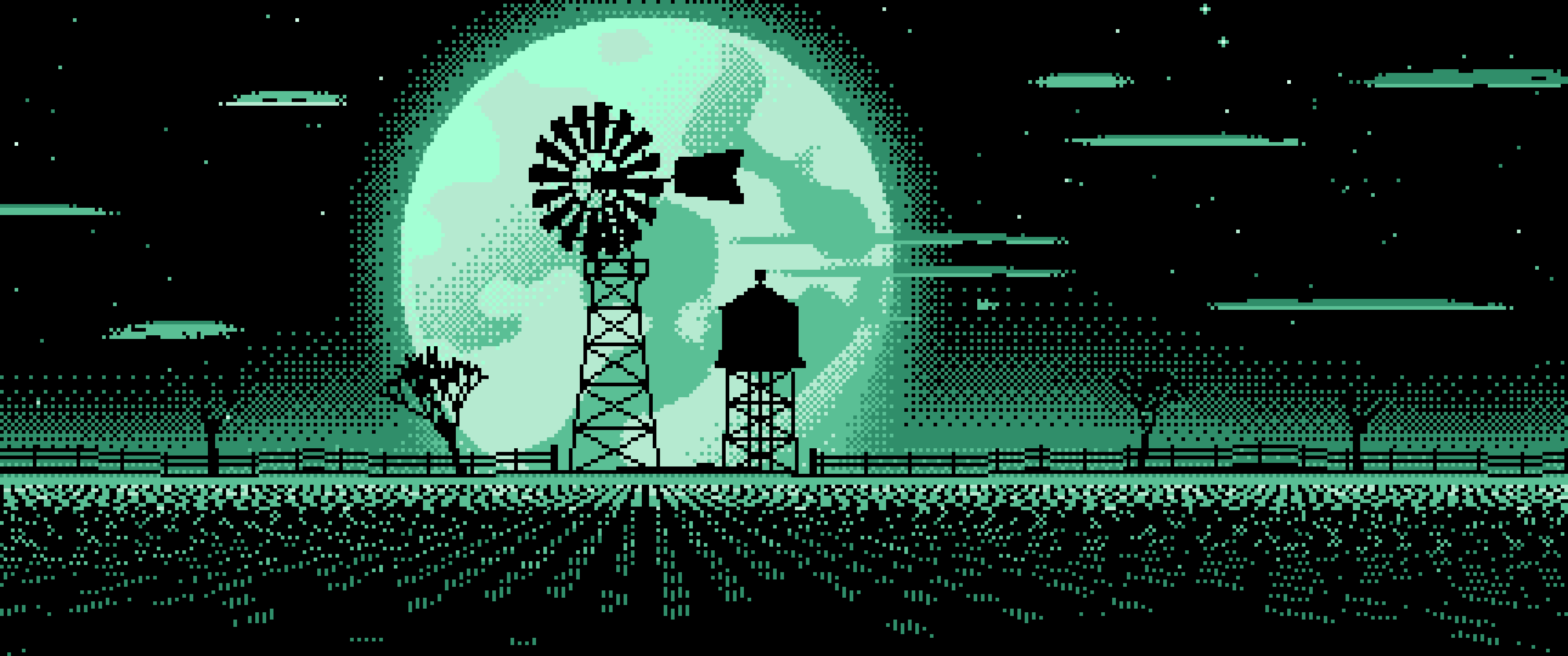 Mint Pixel Art Farm Windmill and Harvest Moon ultrawide wallpaper, 3440 × 1440