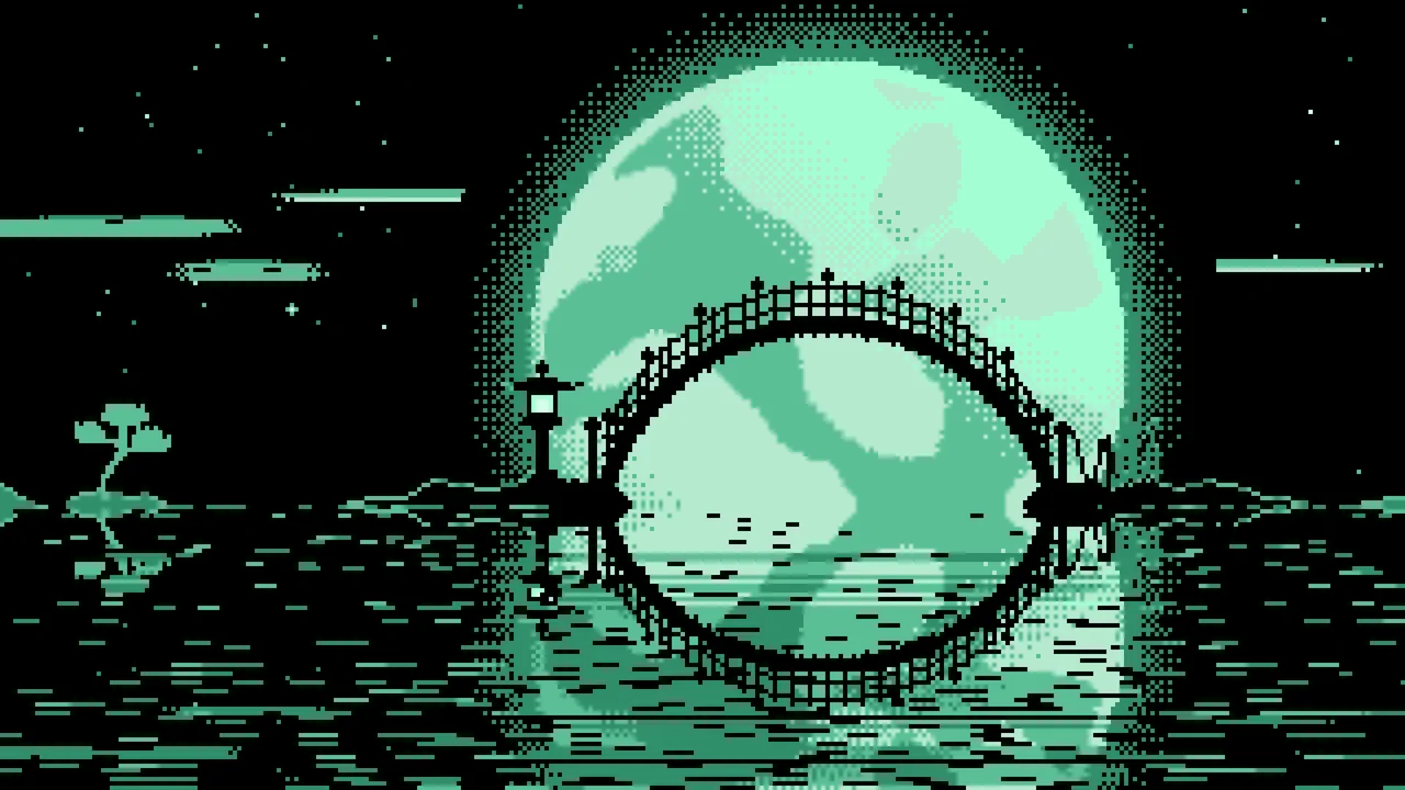 Mint Pixel Art Japanese Bridge and Full Moon desktop wallpaper in 4K