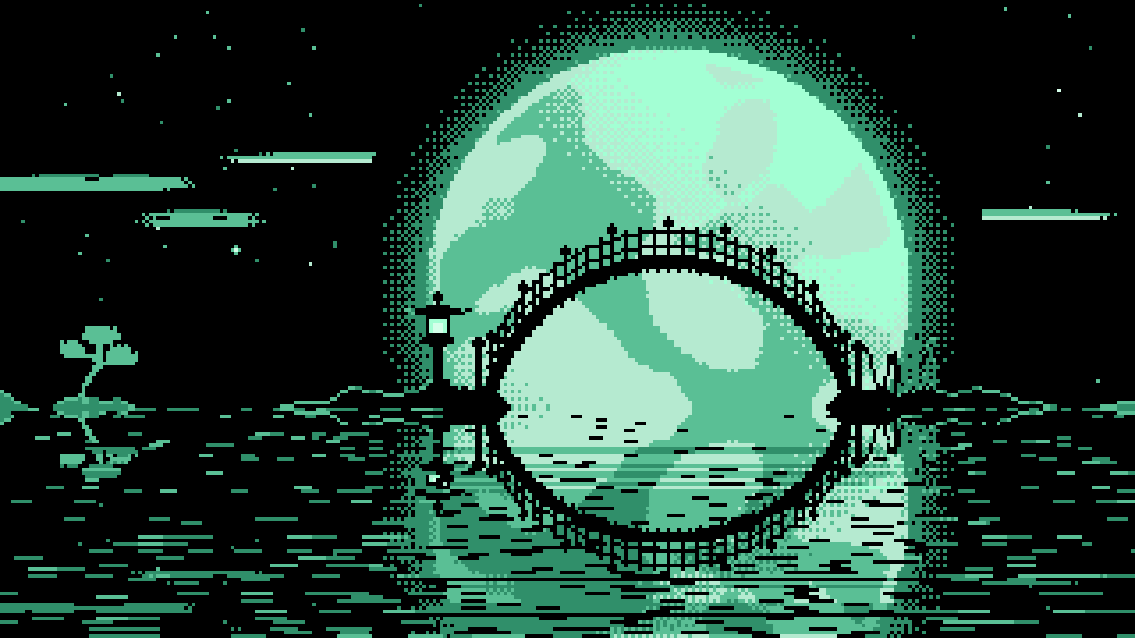 Mint Pixel Art Japanese Bridge and Full Moon desktop wallpaper in 4K