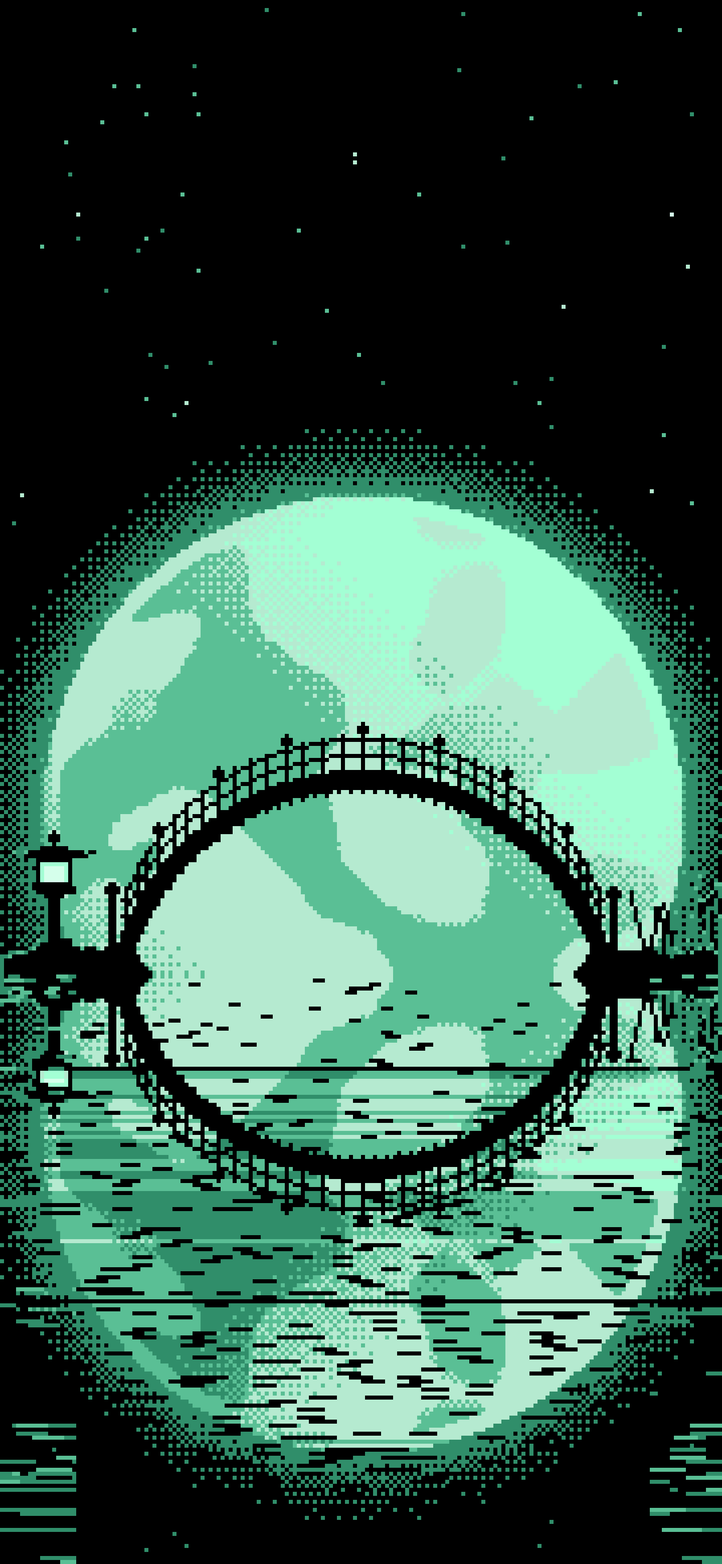 Mint Pixel Art Japanese Bridge and Full Moon wallpaper for iPhone and Android