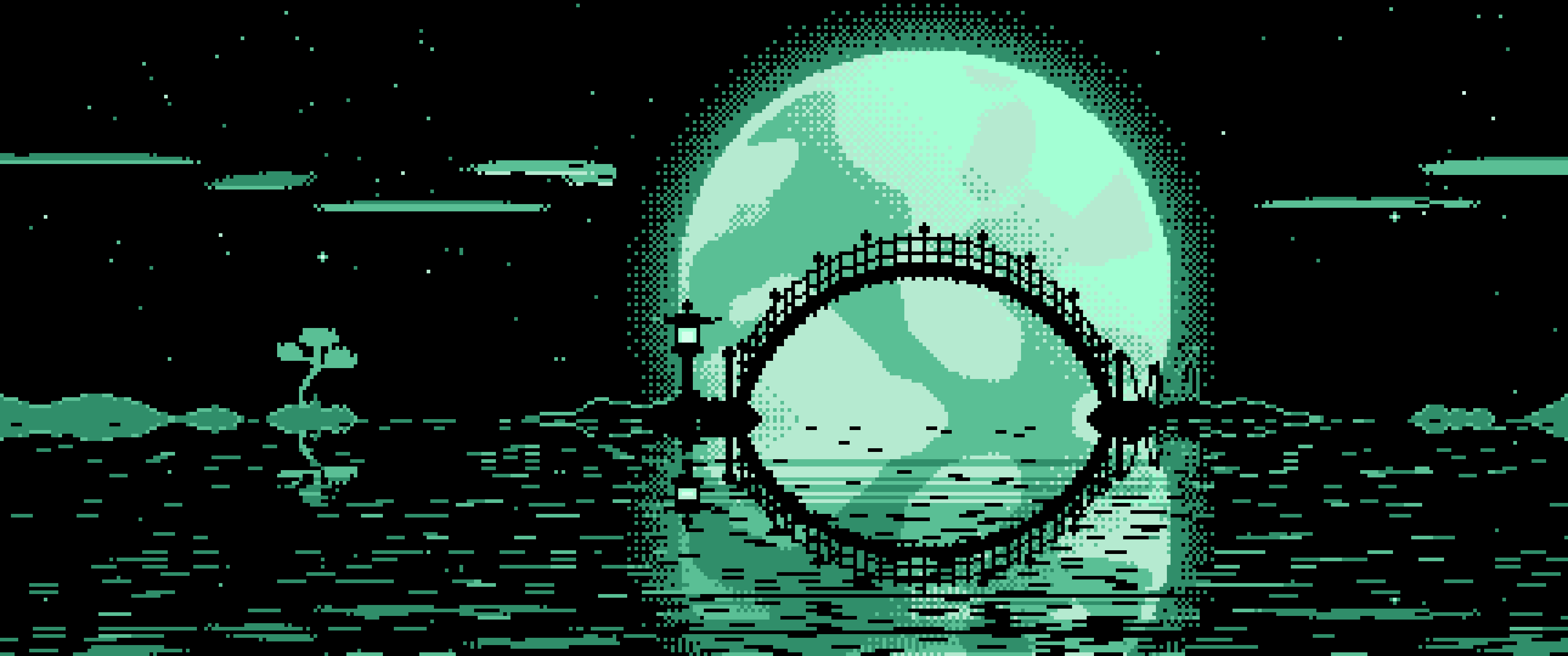 Mint Pixel Art Japanese Bridge and Full Moon ultrawide wallpaper, 3440 × 1440