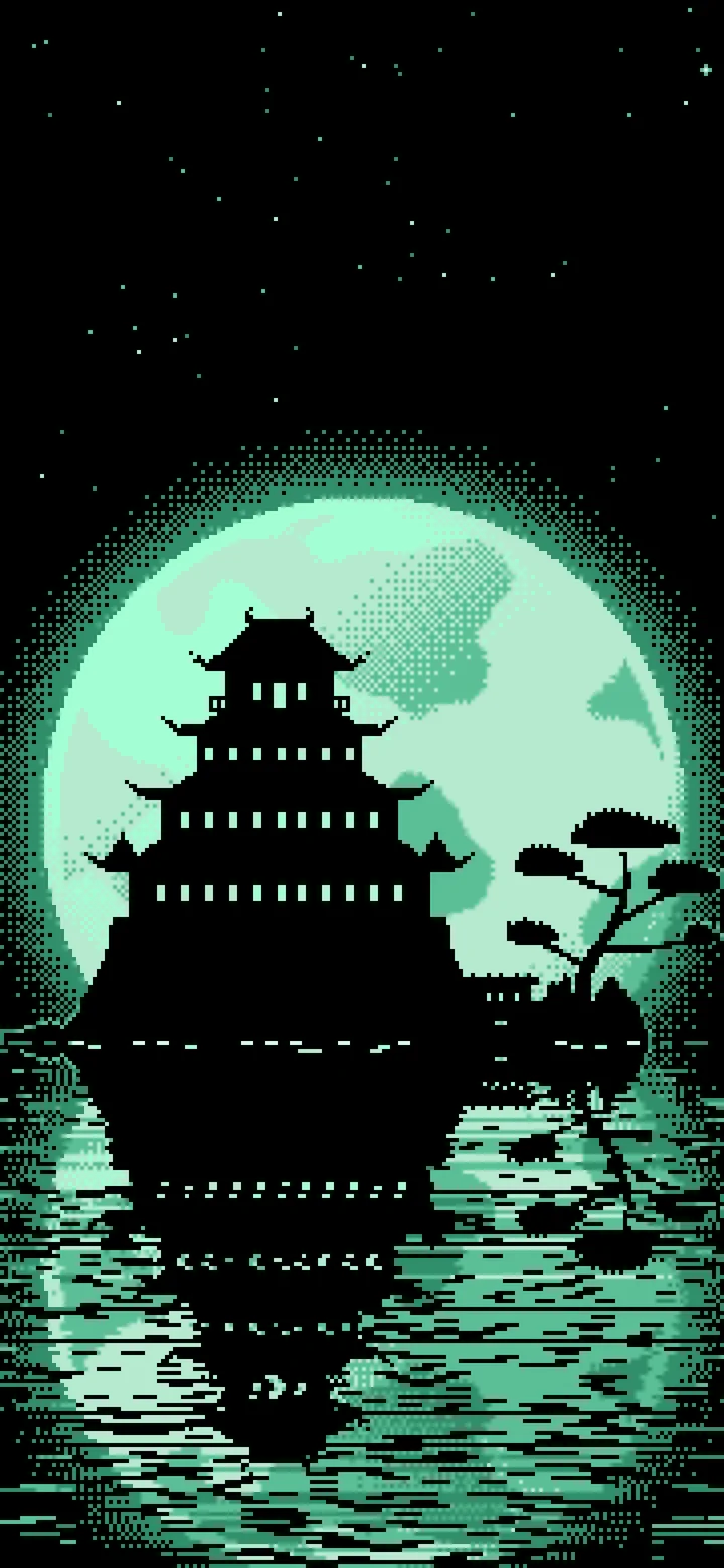 Mint Pixel Art Japanese Castle and Full Moon wallpaper for iPhone and Android