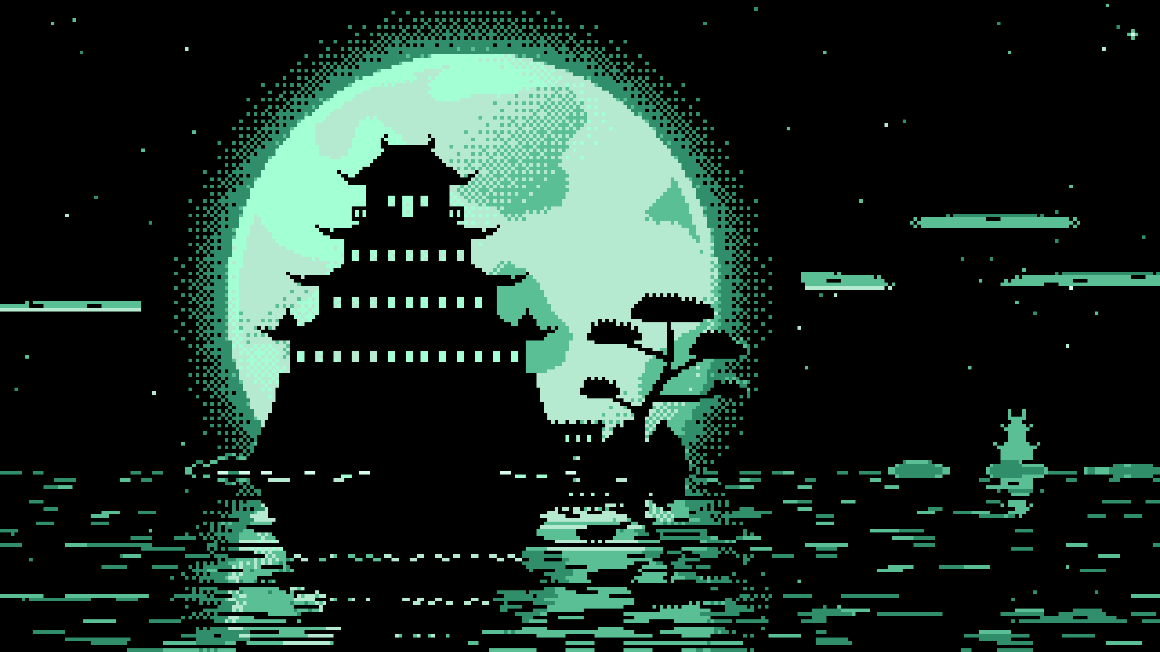 Mint Pixel Art Japanese Castle and Full Moon desktop wallpaper in 4K