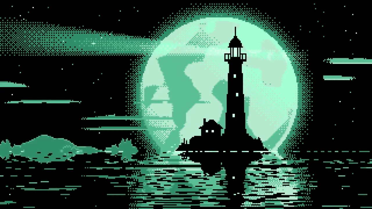 Mint Pixel Art Lighthouse and Full Moon desktop wallpaper in 4K